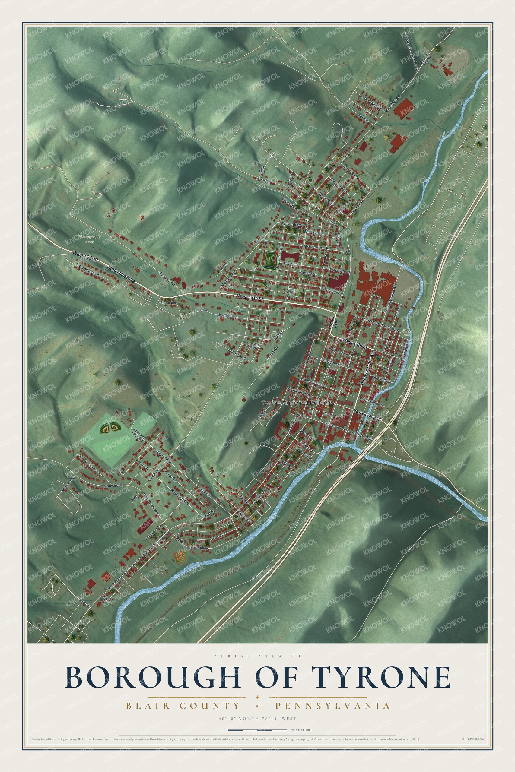 Full map of Tyrone Borough, Blair County, Pennsylvania, with red buildings, printed street names and the land around them