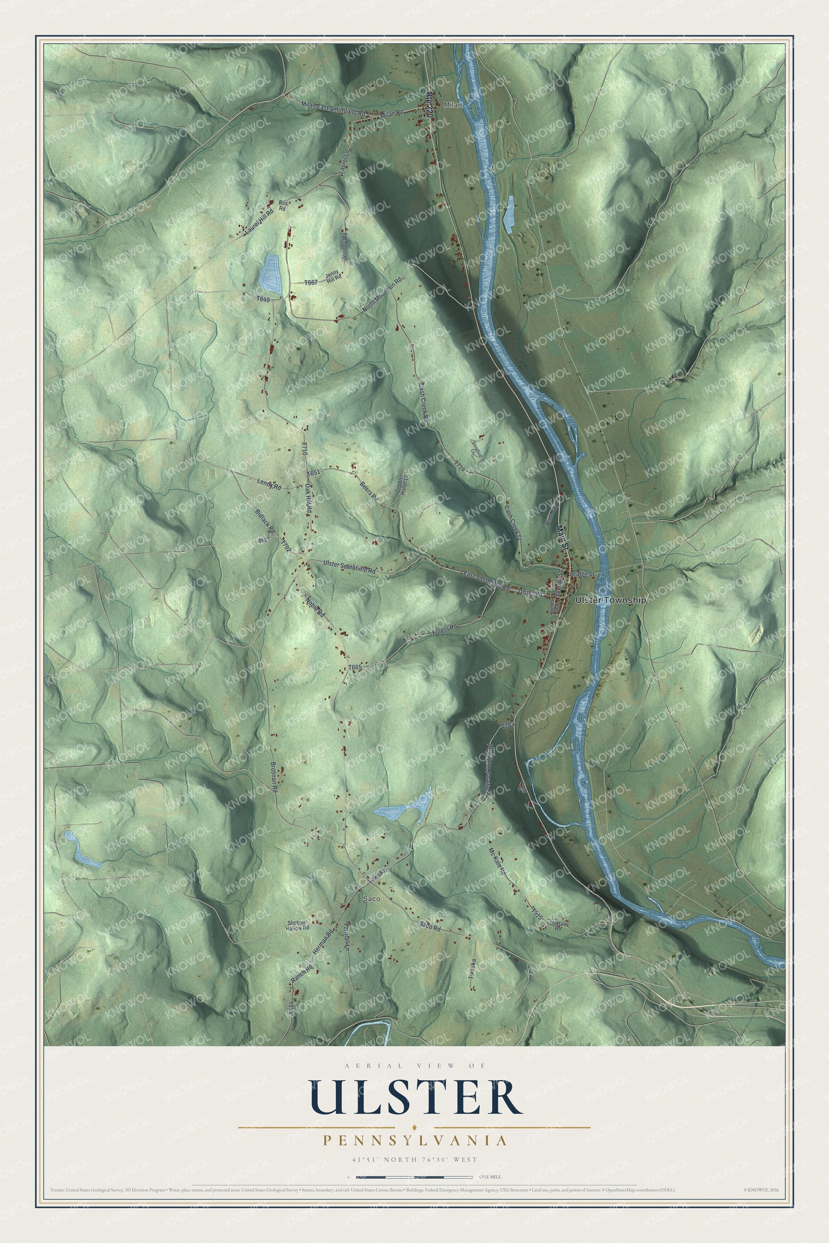 Full map of Ulster, Pennsylvania, with red buildings, printed street names and the land around them
