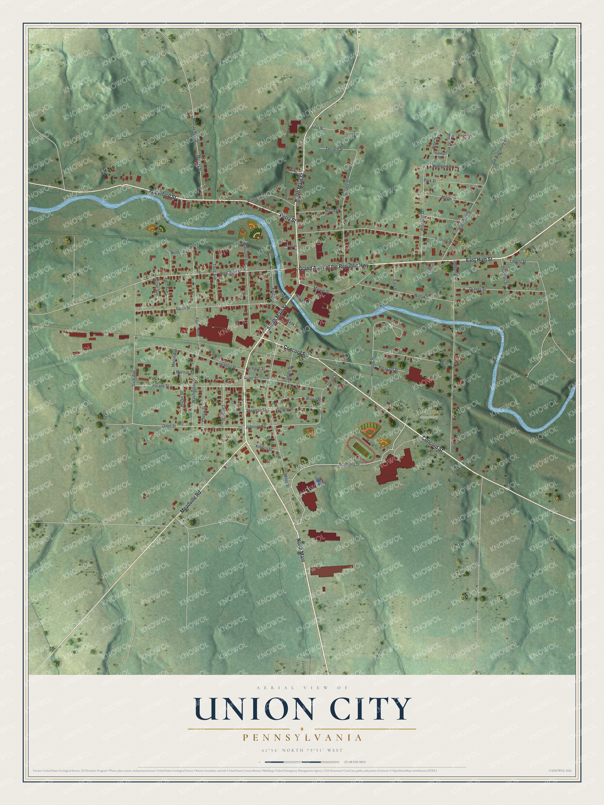 Full map of Union City, Pennsylvania, with red buildings, printed street names and the land around them