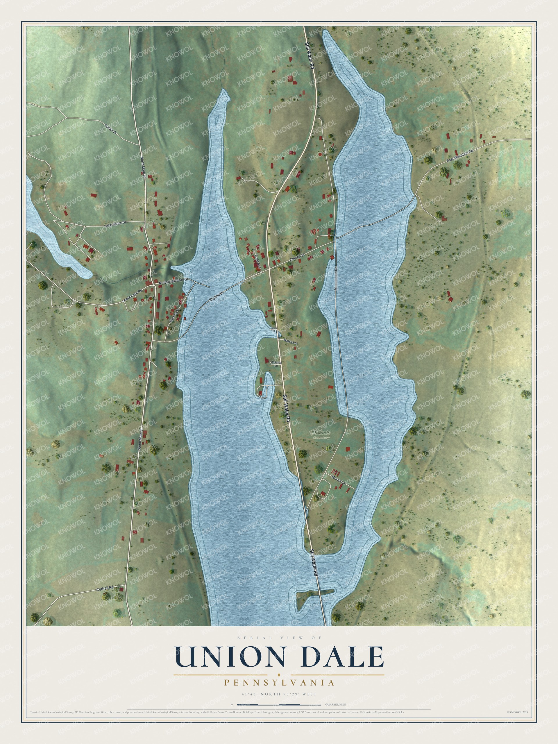 Full map of Union Dale, Pennsylvania, with red buildings, printed street names and the land around them