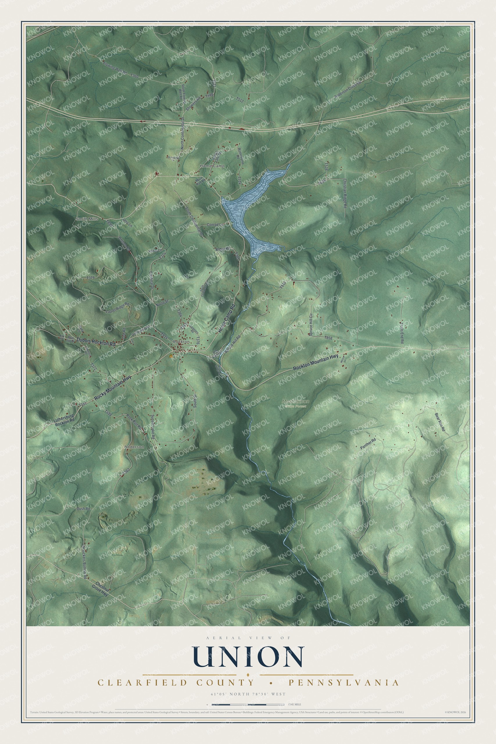 Full map of Union, Clearfield County, Pennsylvania, with red buildings, printed street names and the land around them