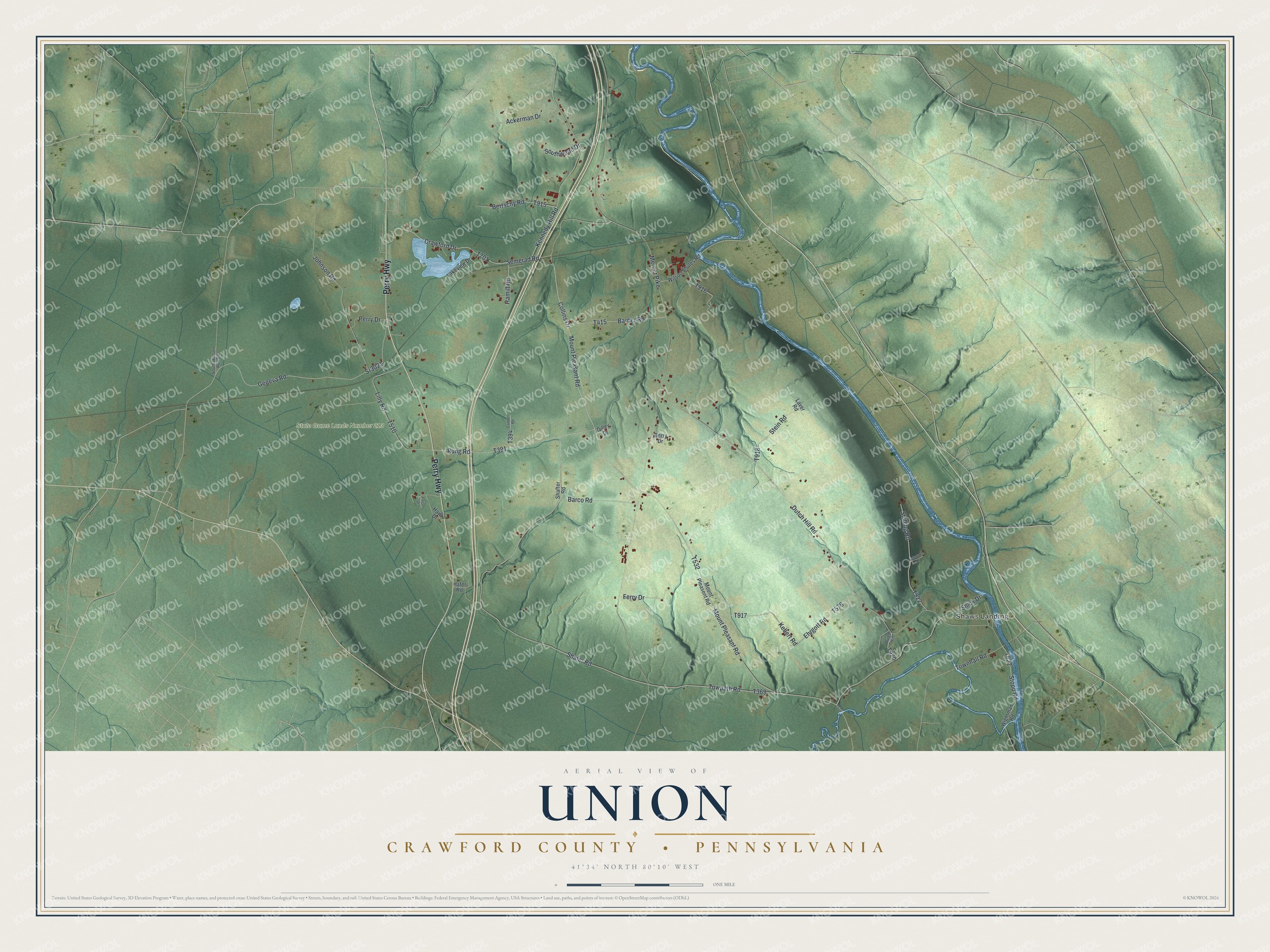 Full map of Union, Crawford County, Pennsylvania, with red buildings, printed street names and the land around them