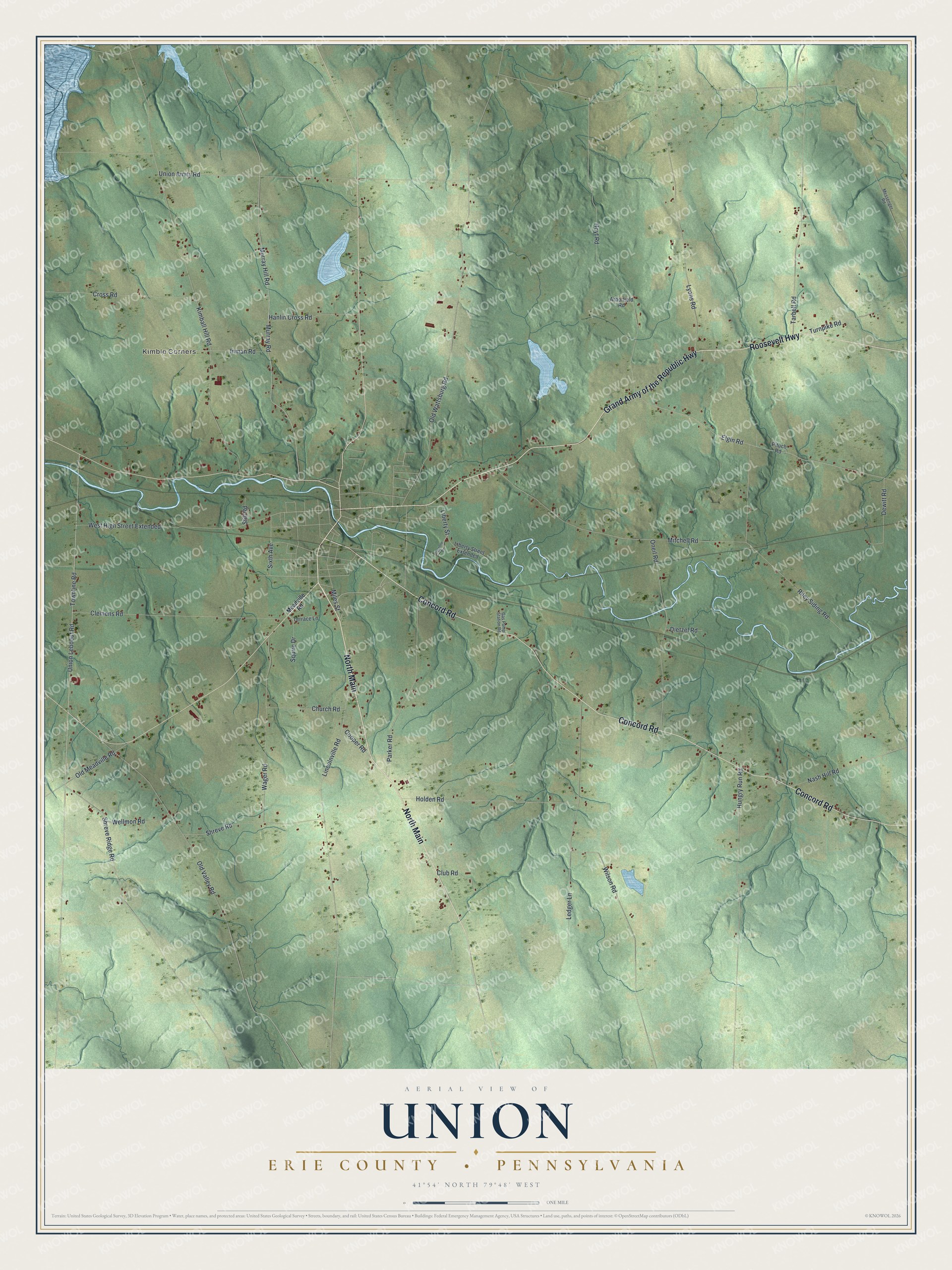 Full map of Union, Erie County, Pennsylvania, with red buildings, printed street names and the land around them