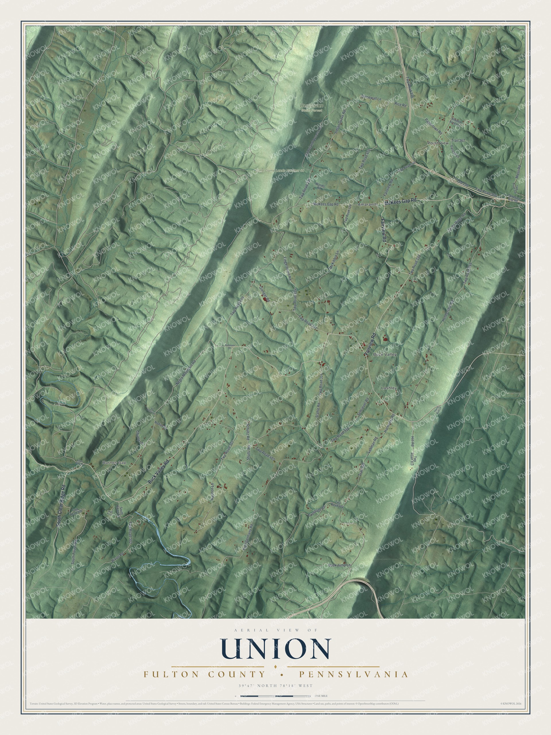Full map of Union, Fulton County, Pennsylvania, with red buildings, printed street names and the land around them