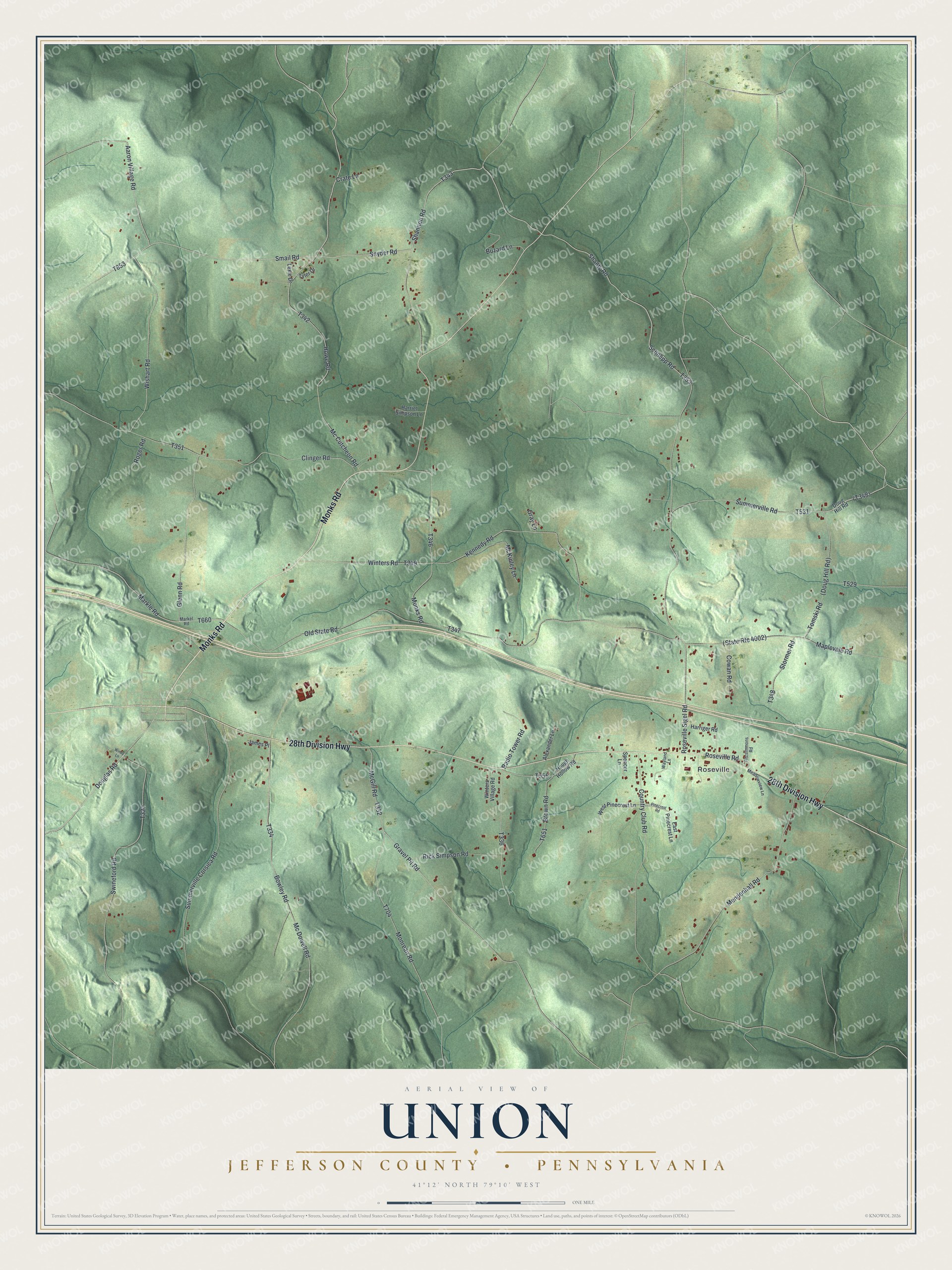 Full map of Union, Jefferson County, Pennsylvania, with red buildings, printed street names and the land around them