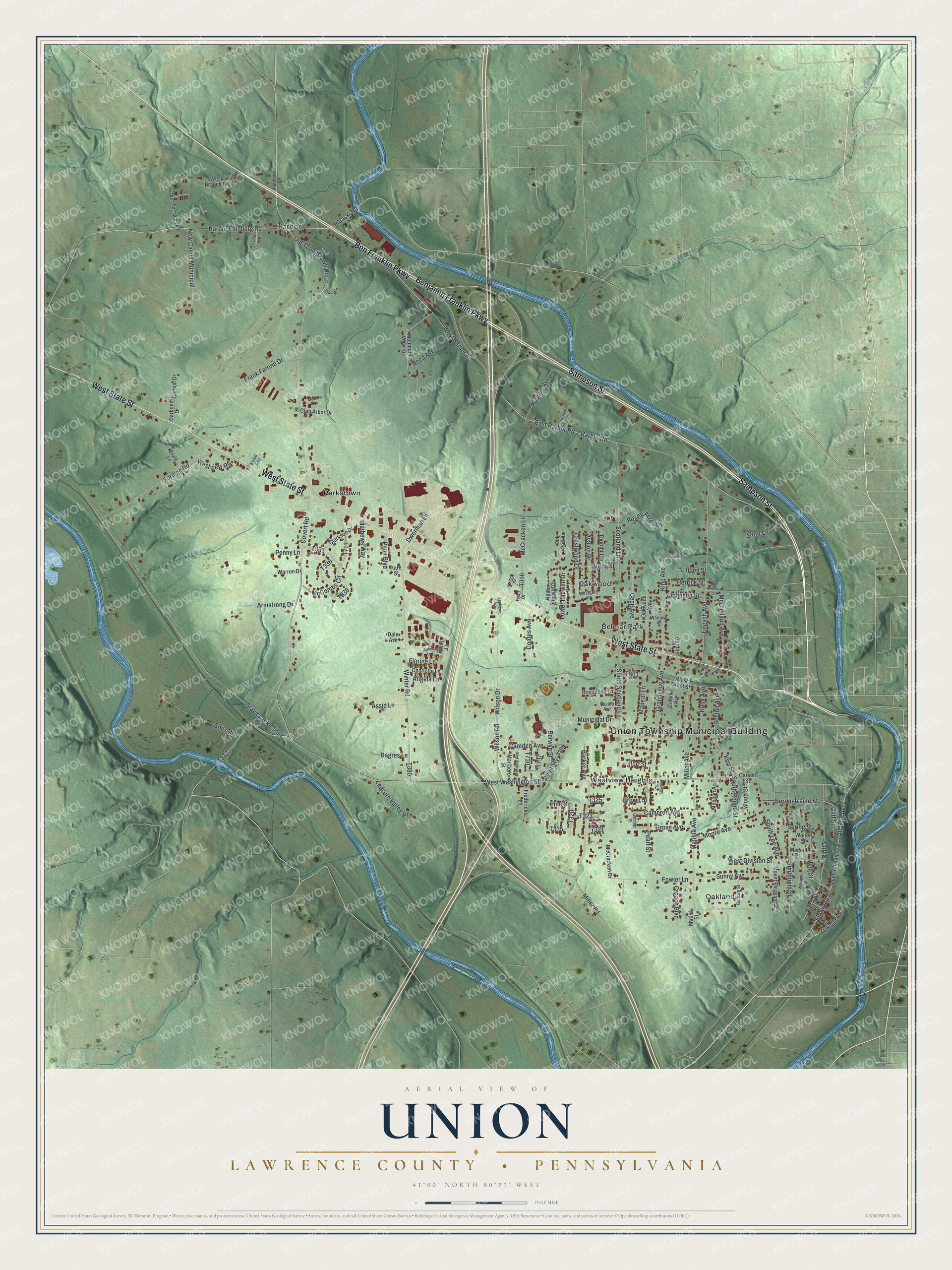 Full map of Union, Lawrence County, Pennsylvania, with red buildings, printed street names and the land around them