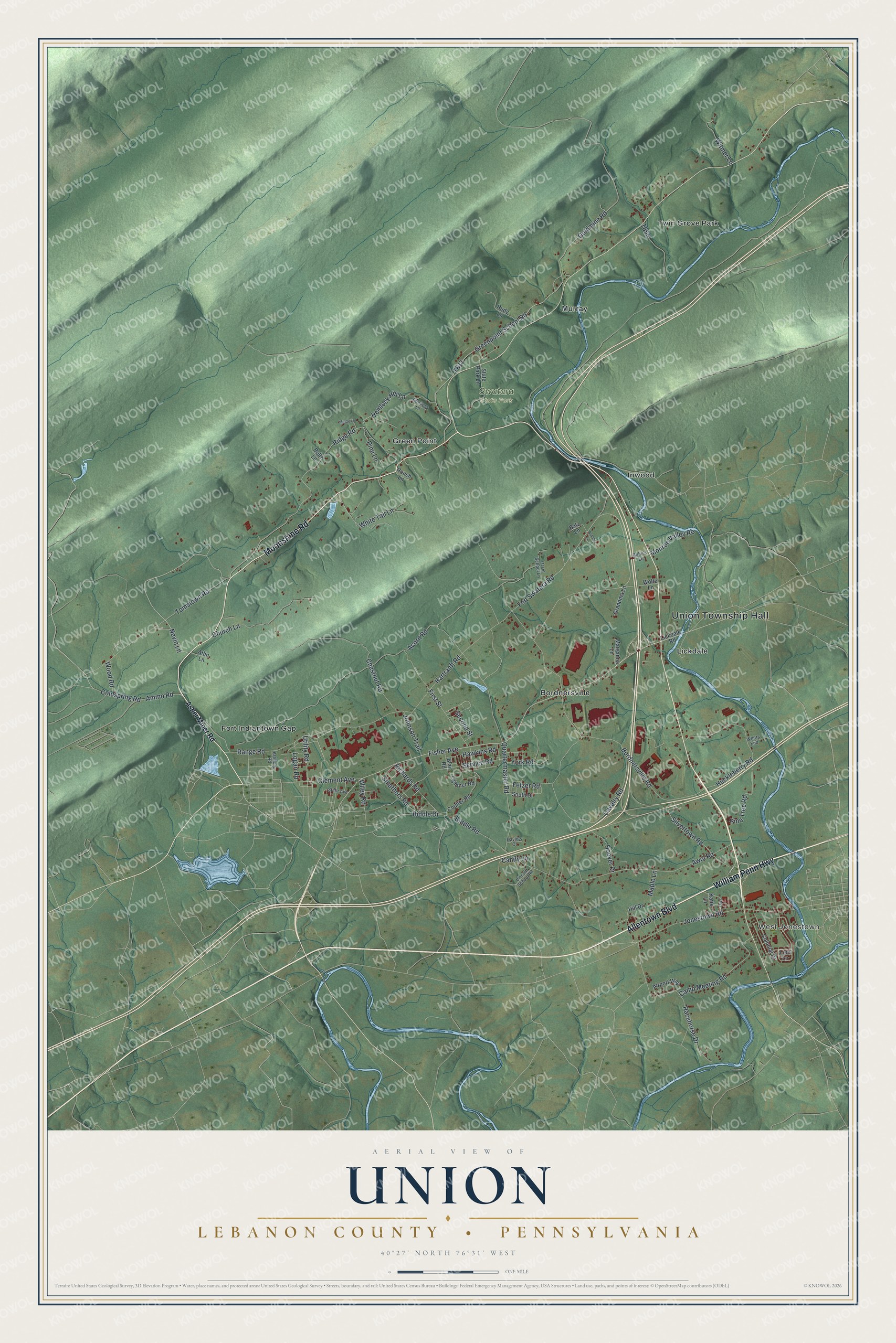 Full map of Union, Lebanon County, Pennsylvania, with red buildings, printed street names and the land around them