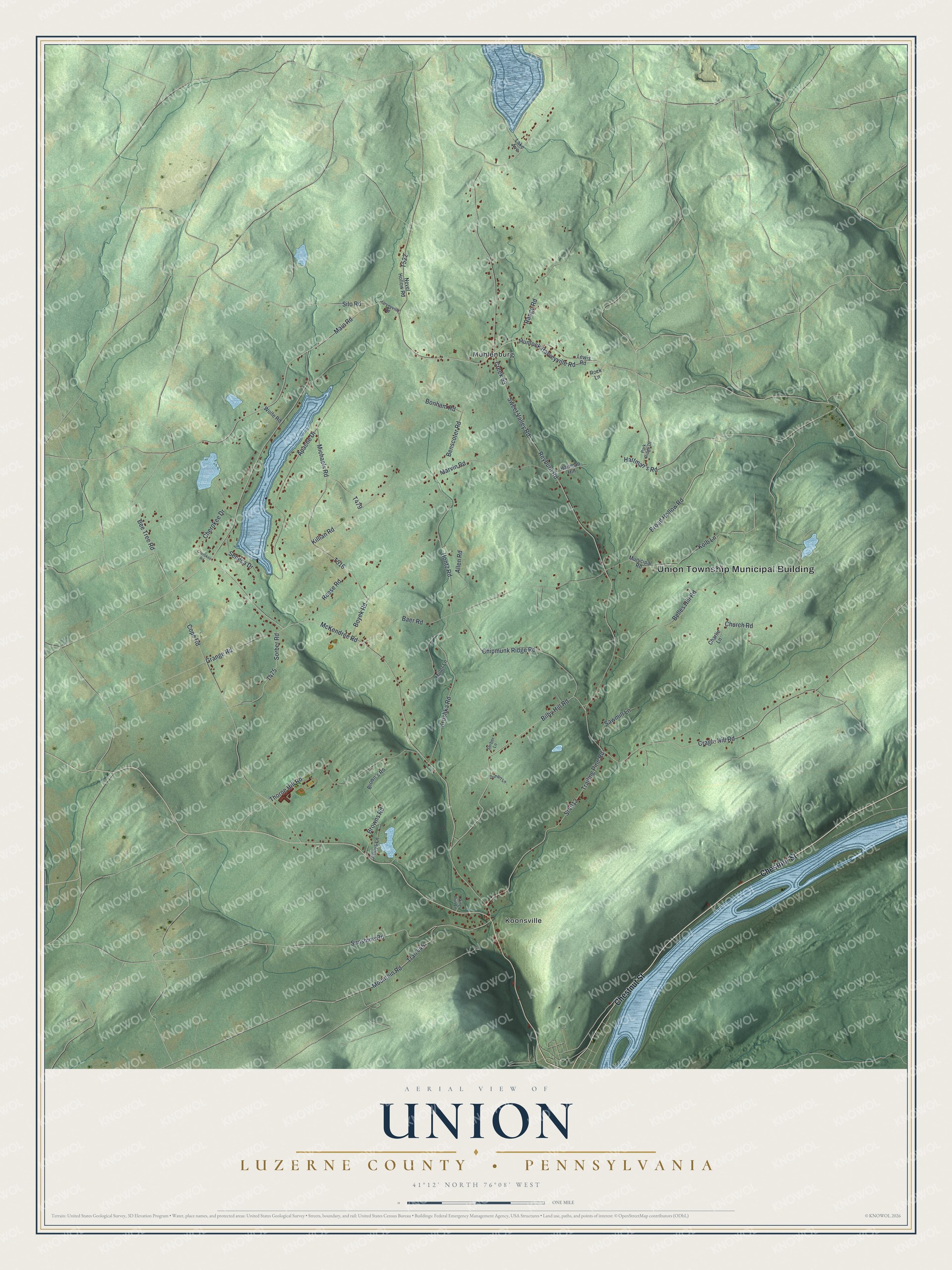 Full map of Union, Luzerne County, Pennsylvania, with red buildings, printed street names and the land around them