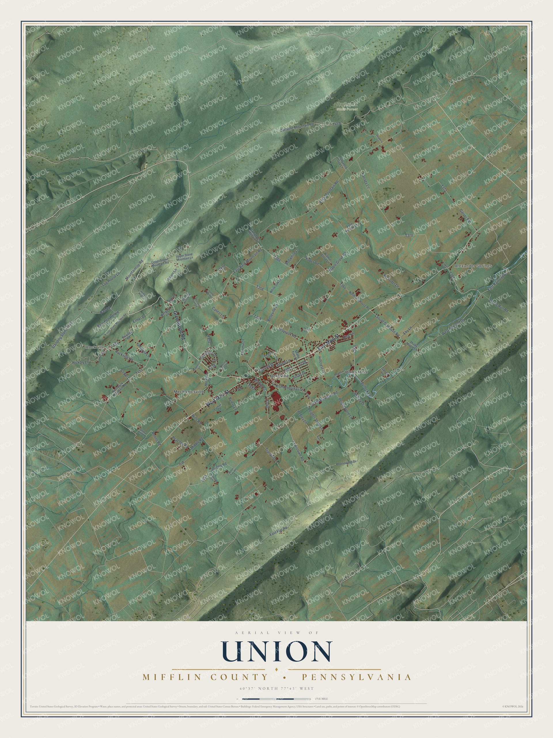 Full map of Union, Mifflin County, Pennsylvania, with red buildings, printed street names and the land around them