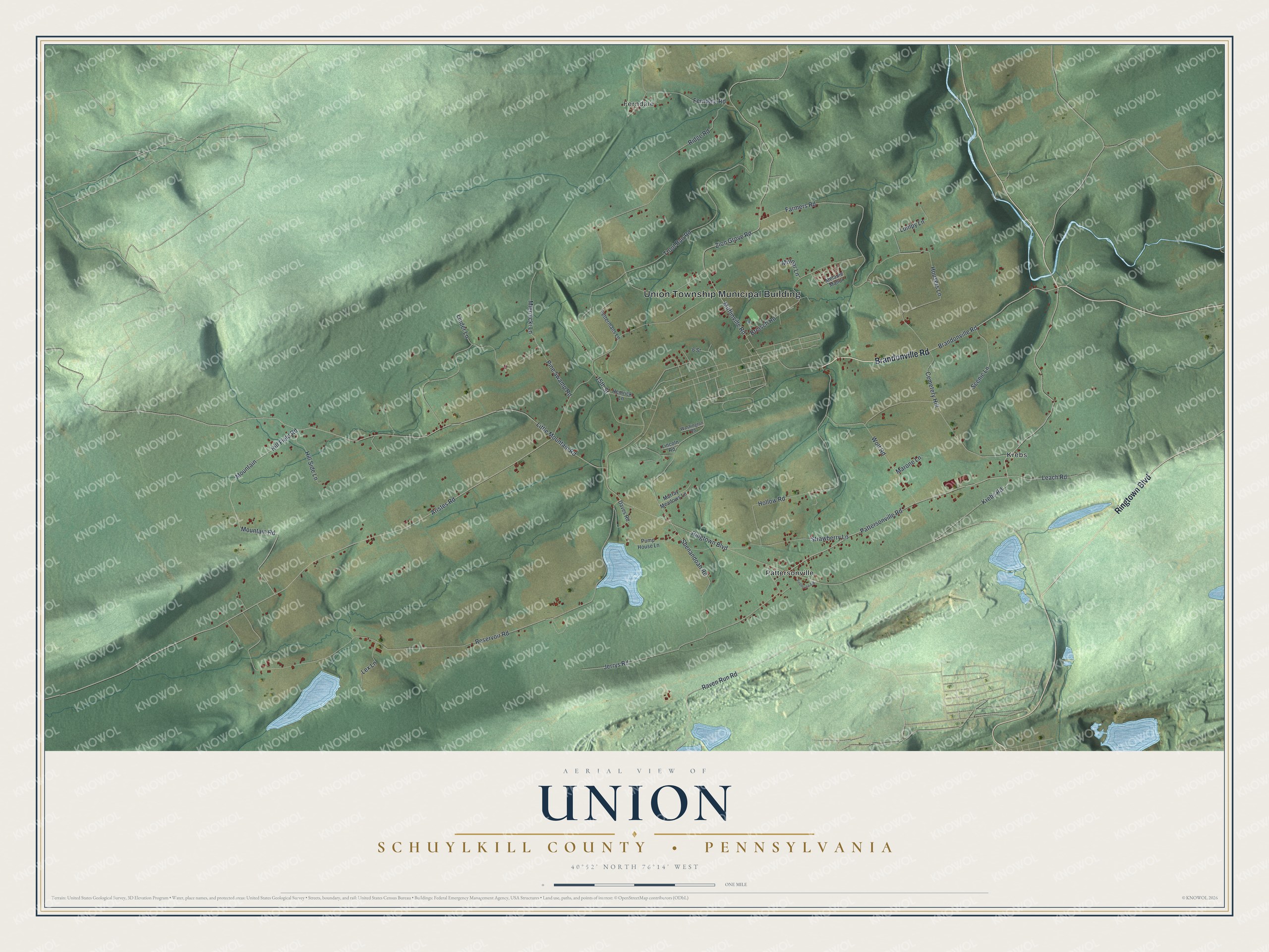 Full map of Union, Schuylkill County, Pennsylvania, with red buildings, printed street names and the land around them