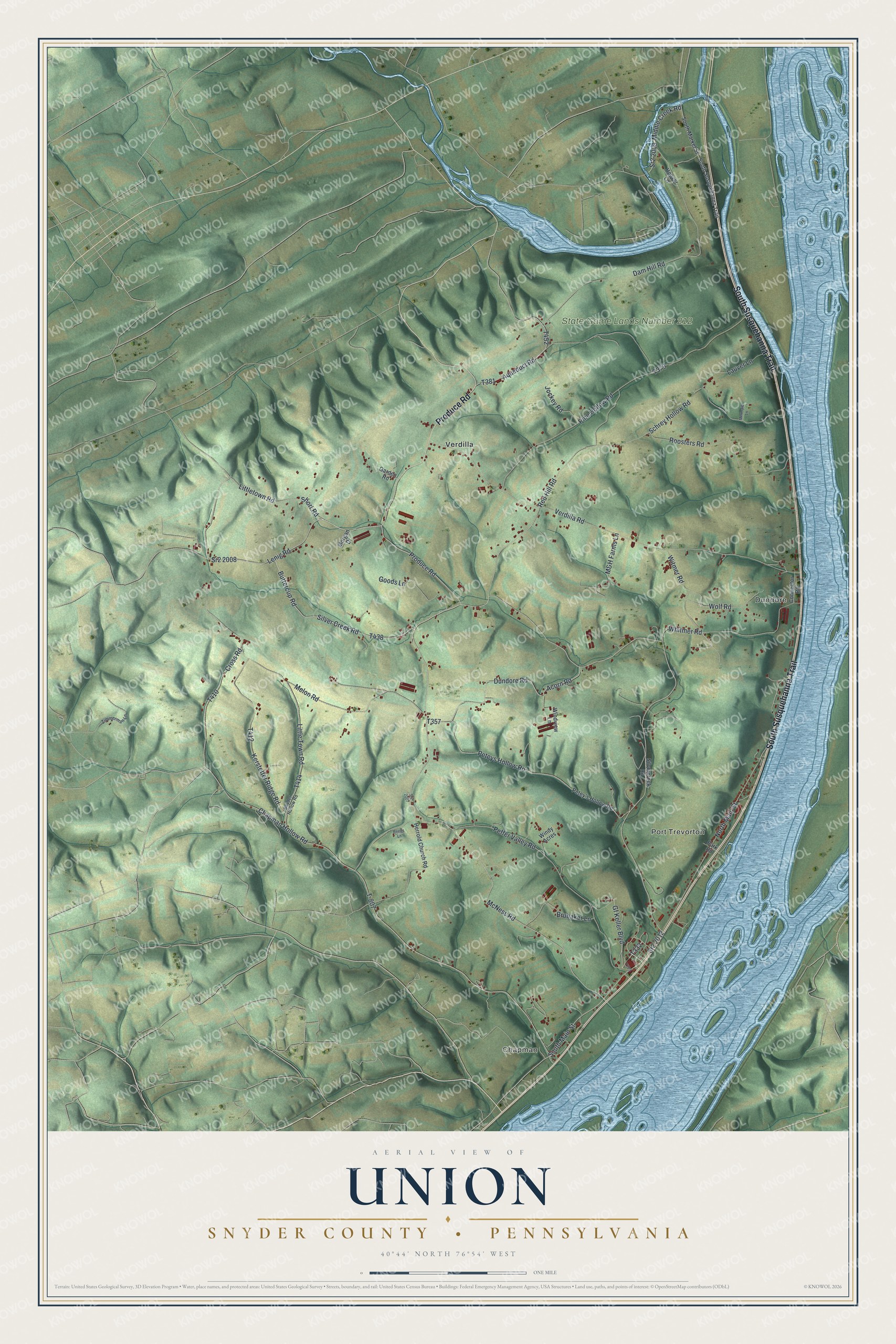 Full Union map with green hills, blue river water, red buildings, and labels for Port Trevorton, Verdilla, and Dundore above a cream title panel