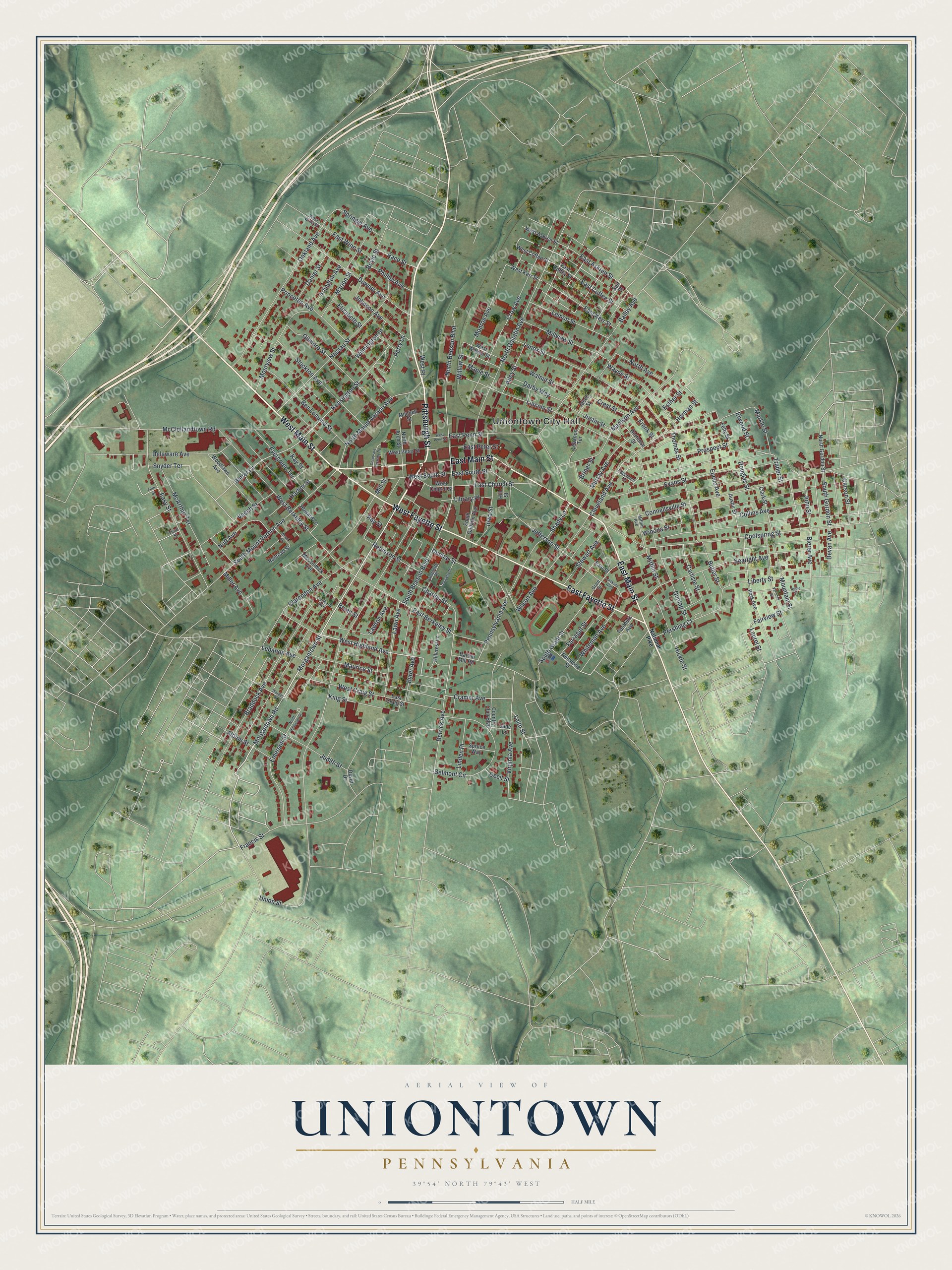 Full map of Uniontown, Pennsylvania, with red buildings, printed street names and the land around them