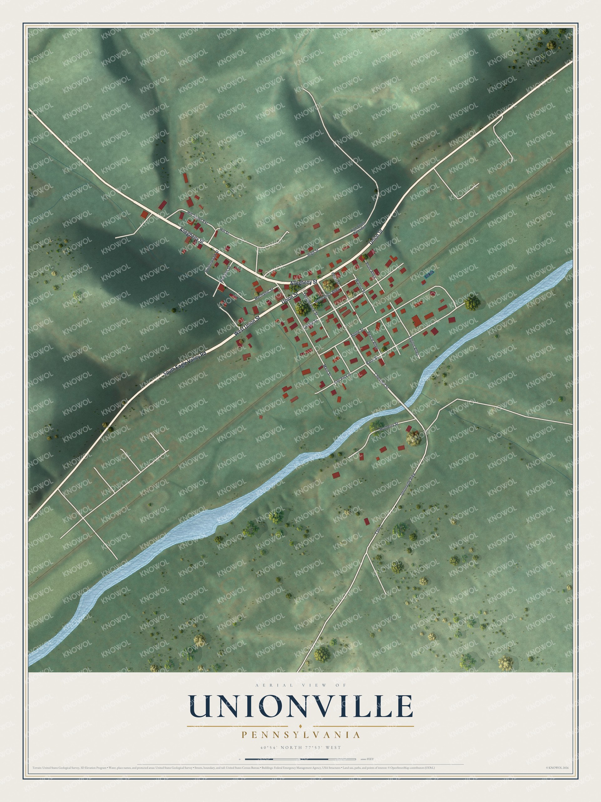 Full map of Unionville, Pennsylvania, with red buildings, printed street names and the land around them