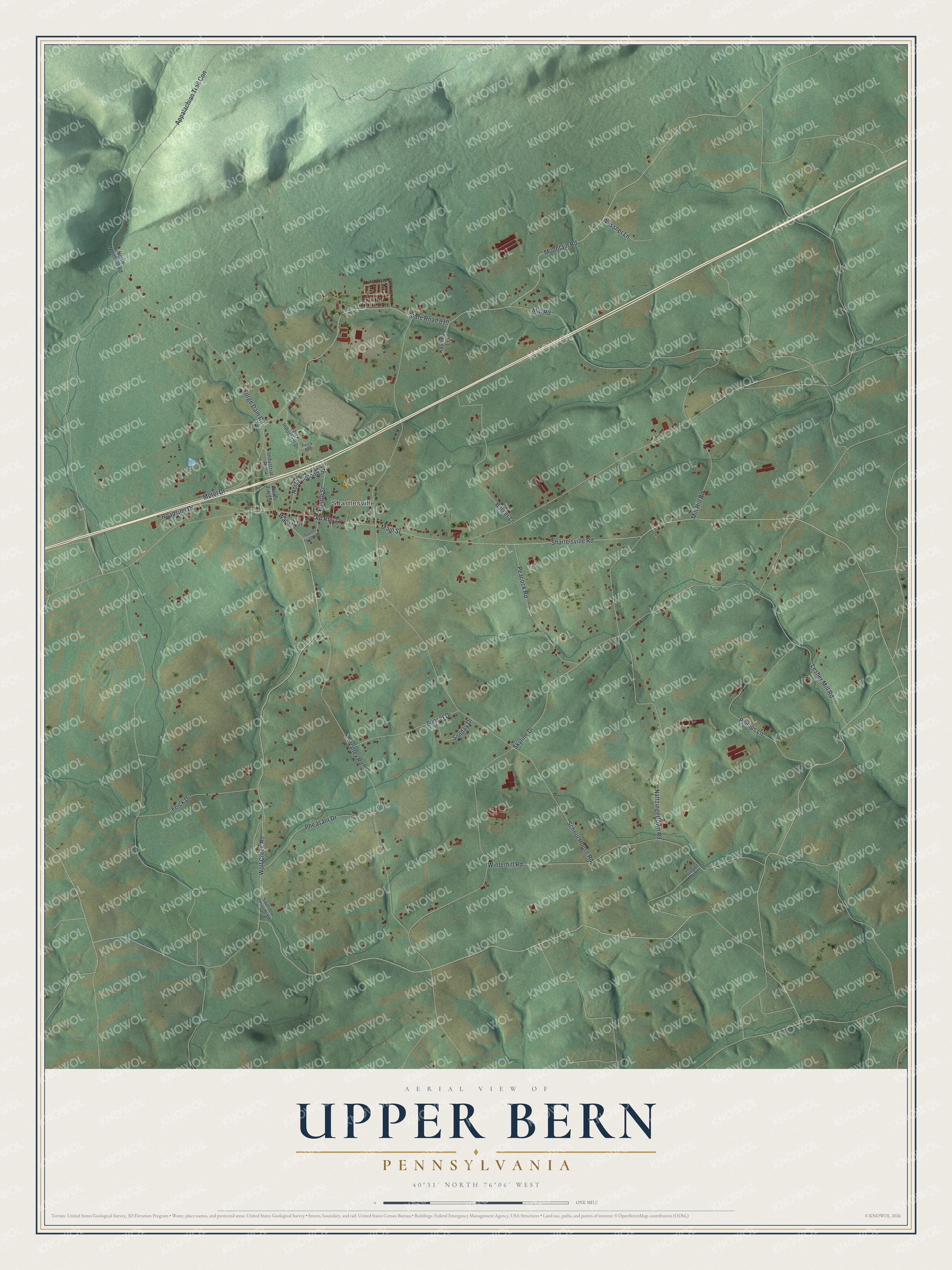 Full map of Upper Bern, Pennsylvania, with red buildings, printed street names and the land around them