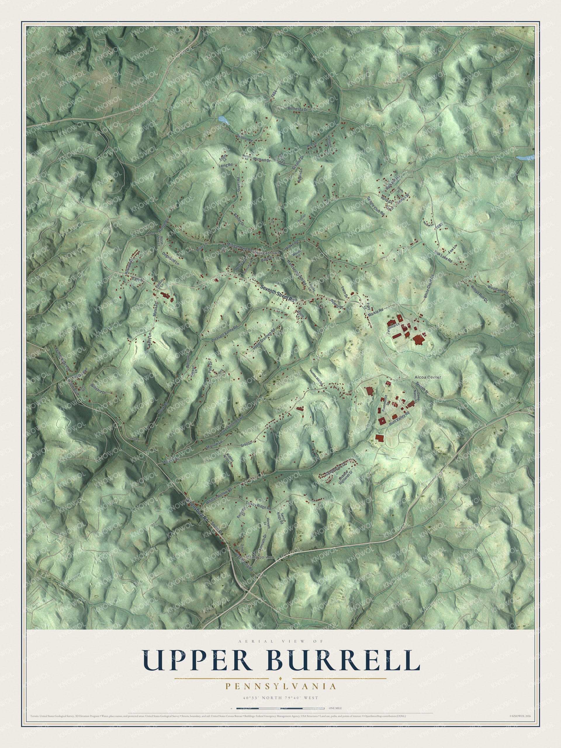 Full map of Upper Burrell, Pennsylvania, with red buildings, printed street names and the land around them
