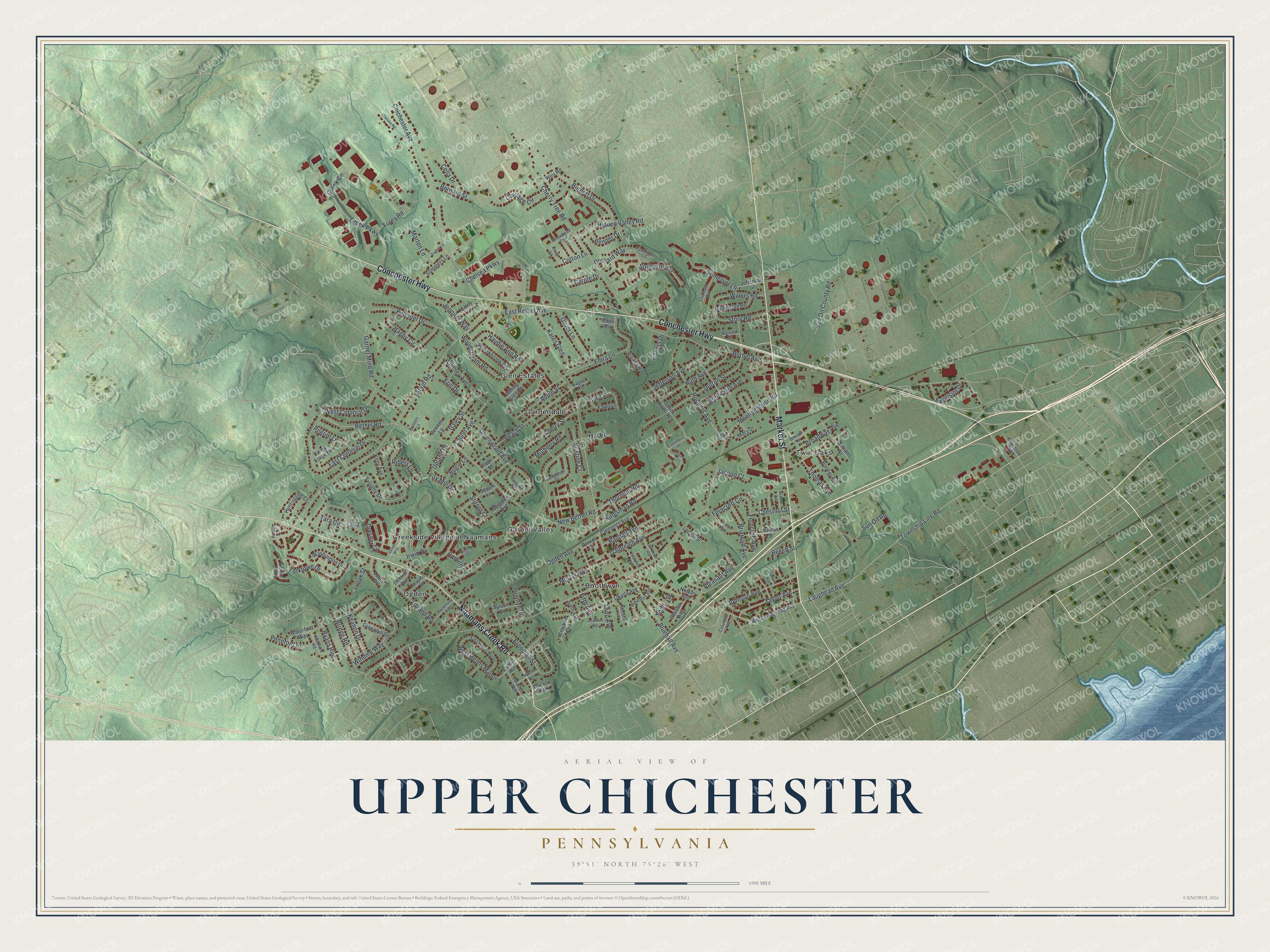 Full map of Upper Chichester, Pennsylvania, with red buildings, printed street names and the land around them