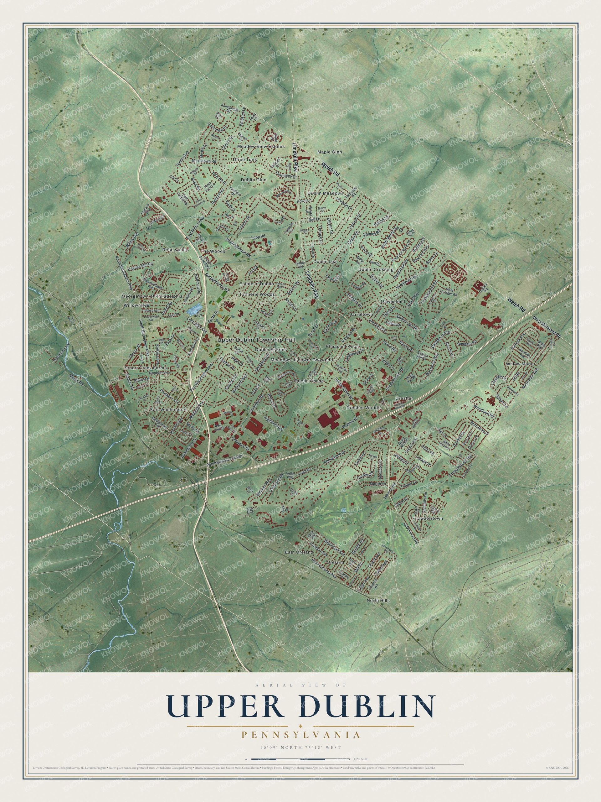Full map of Upper Dublin, Pennsylvania, with red buildings, printed street names and the land around them