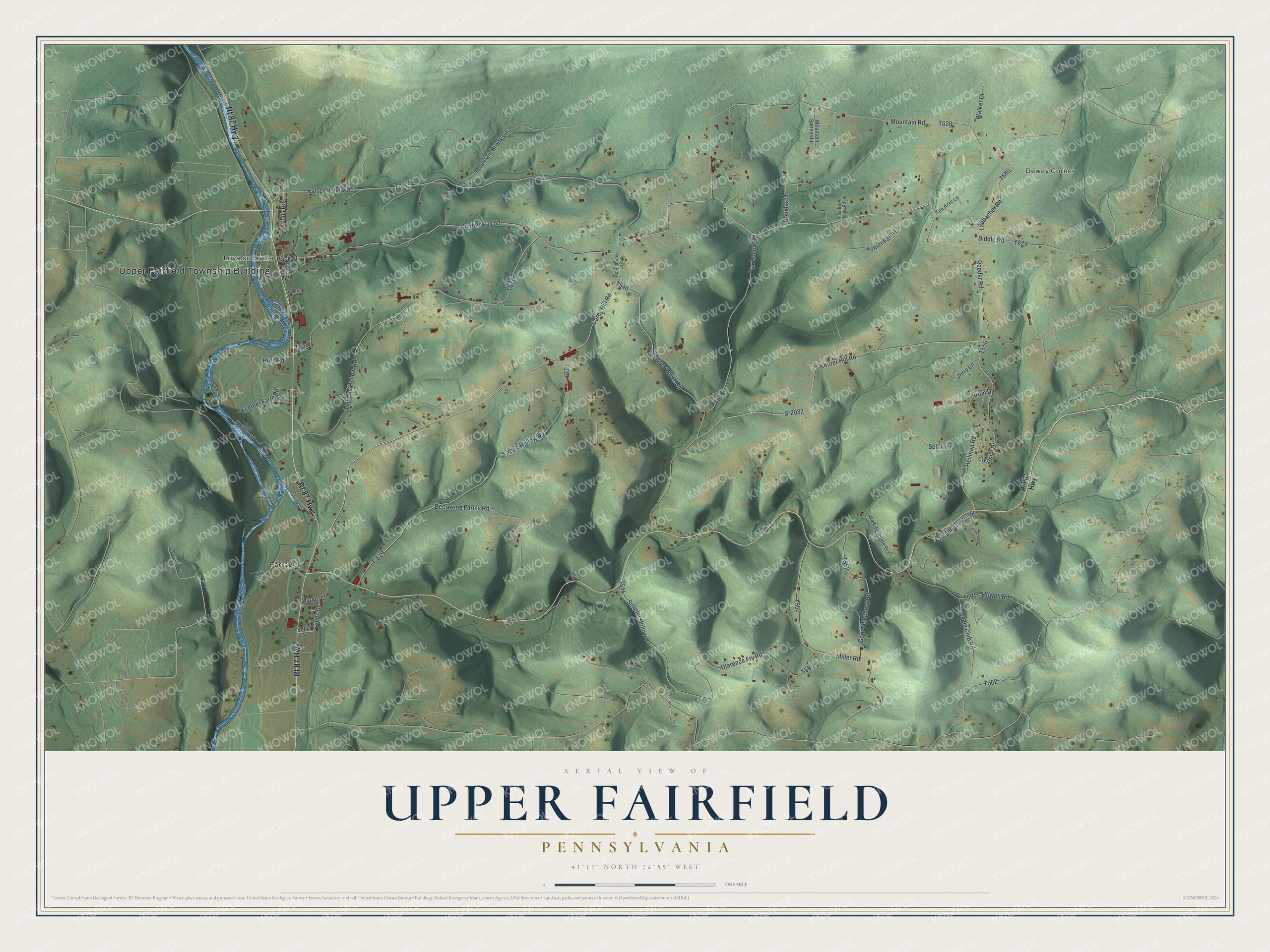 Full map of Upper Fairfield, Pennsylvania, with red buildings, printed street names and the land around them