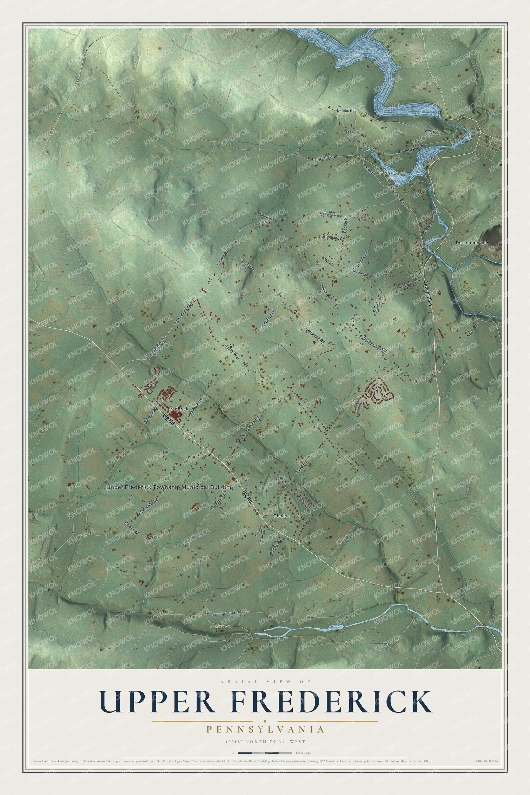 Full map of Upper Frederick, Pennsylvania, with red buildings, printed street names and the land around them