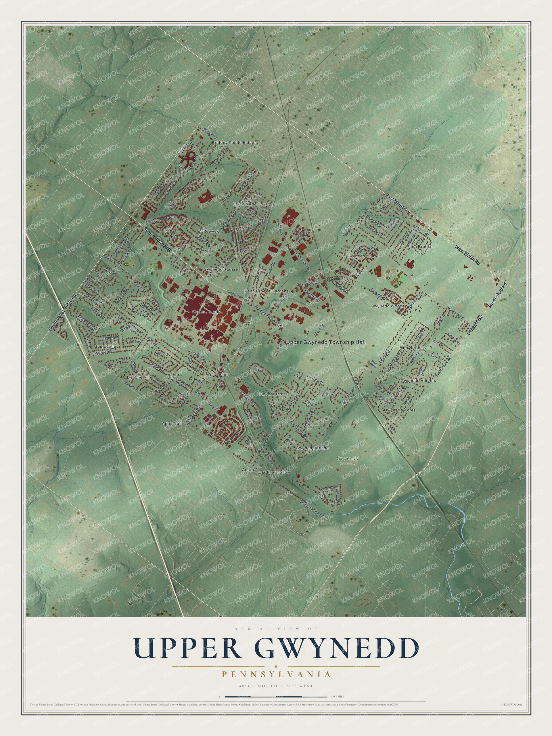 Full map of Upper Gwynedd, Pennsylvania, with red buildings, printed street names and the land around them