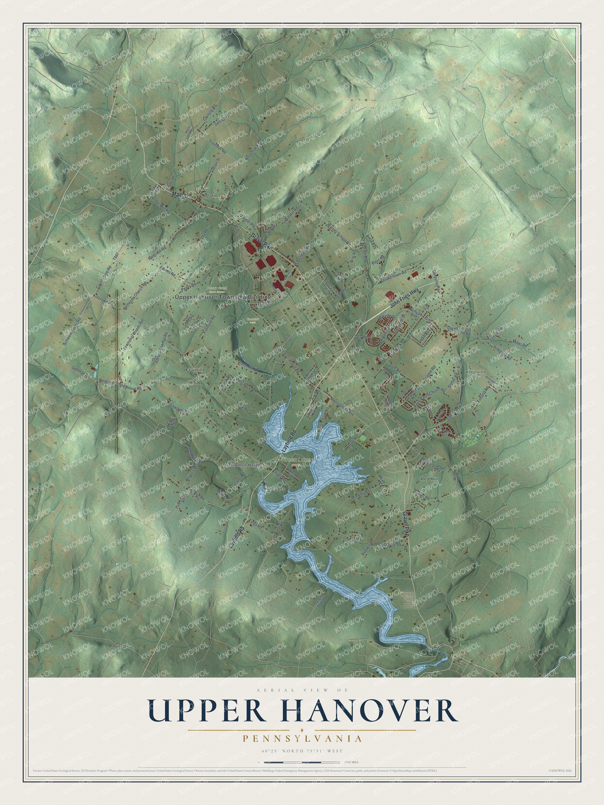 Full map of Upper Hanover, Pennsylvania, with red buildings, printed street names and the land around them