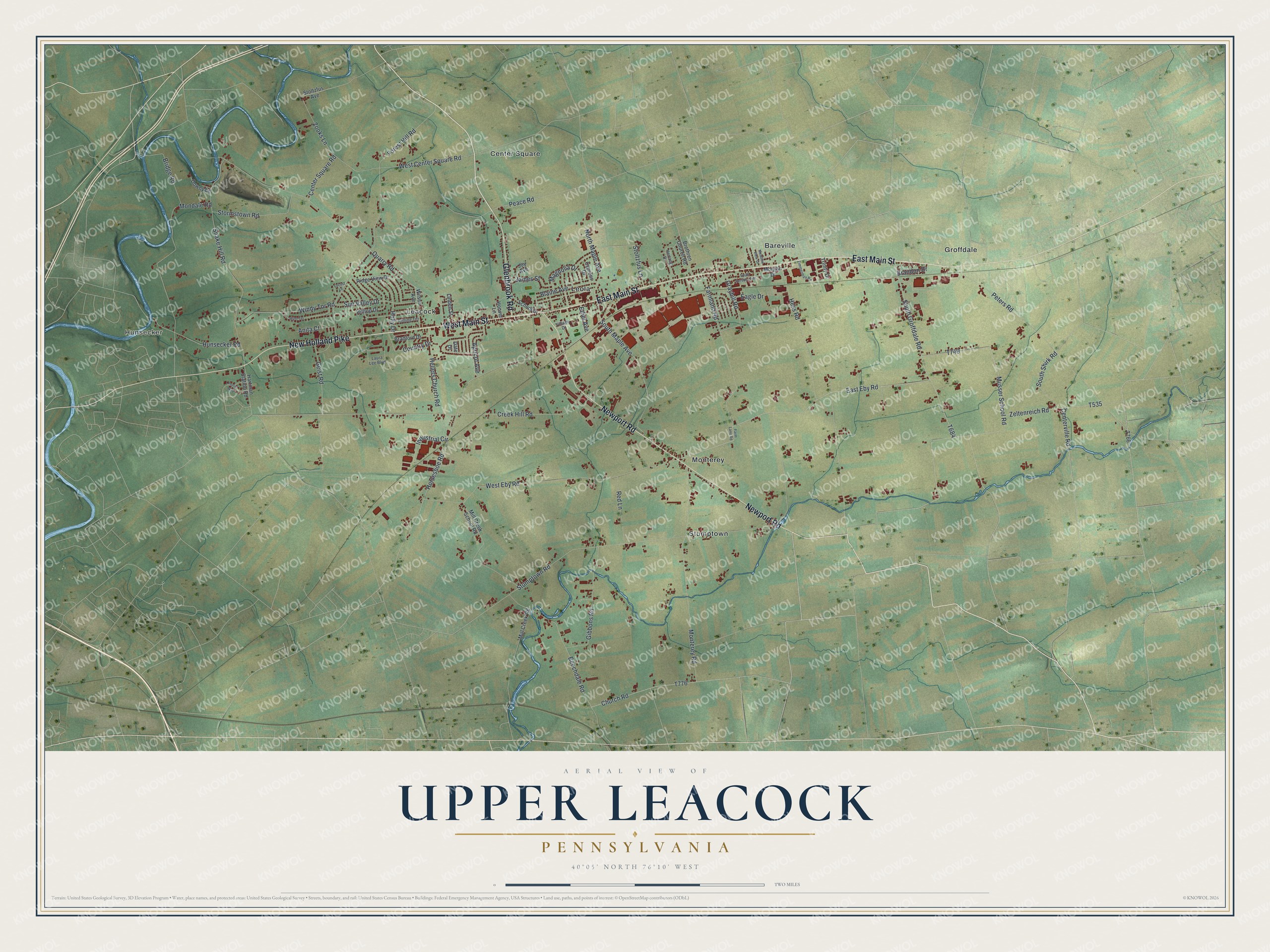 Full map of Upper Leacock, Pennsylvania, with red buildings, printed street names and the land around them