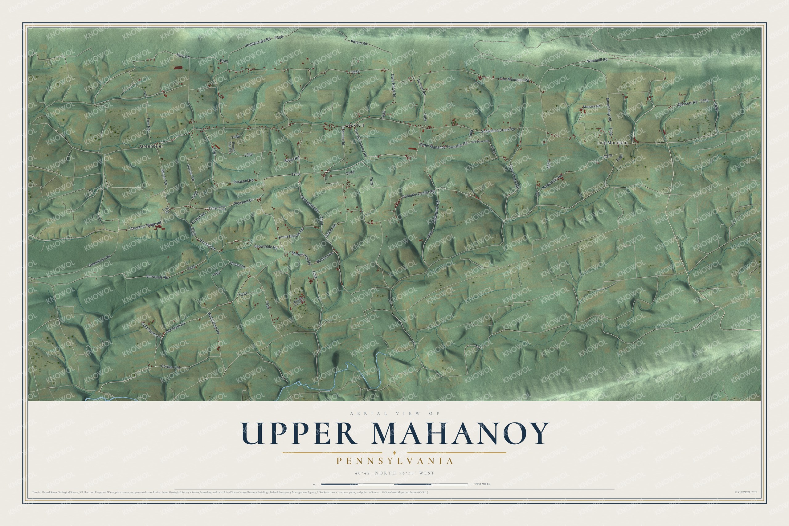 Full map of Upper Mahanoy, Pennsylvania, with red buildings, printed street names and the land around them