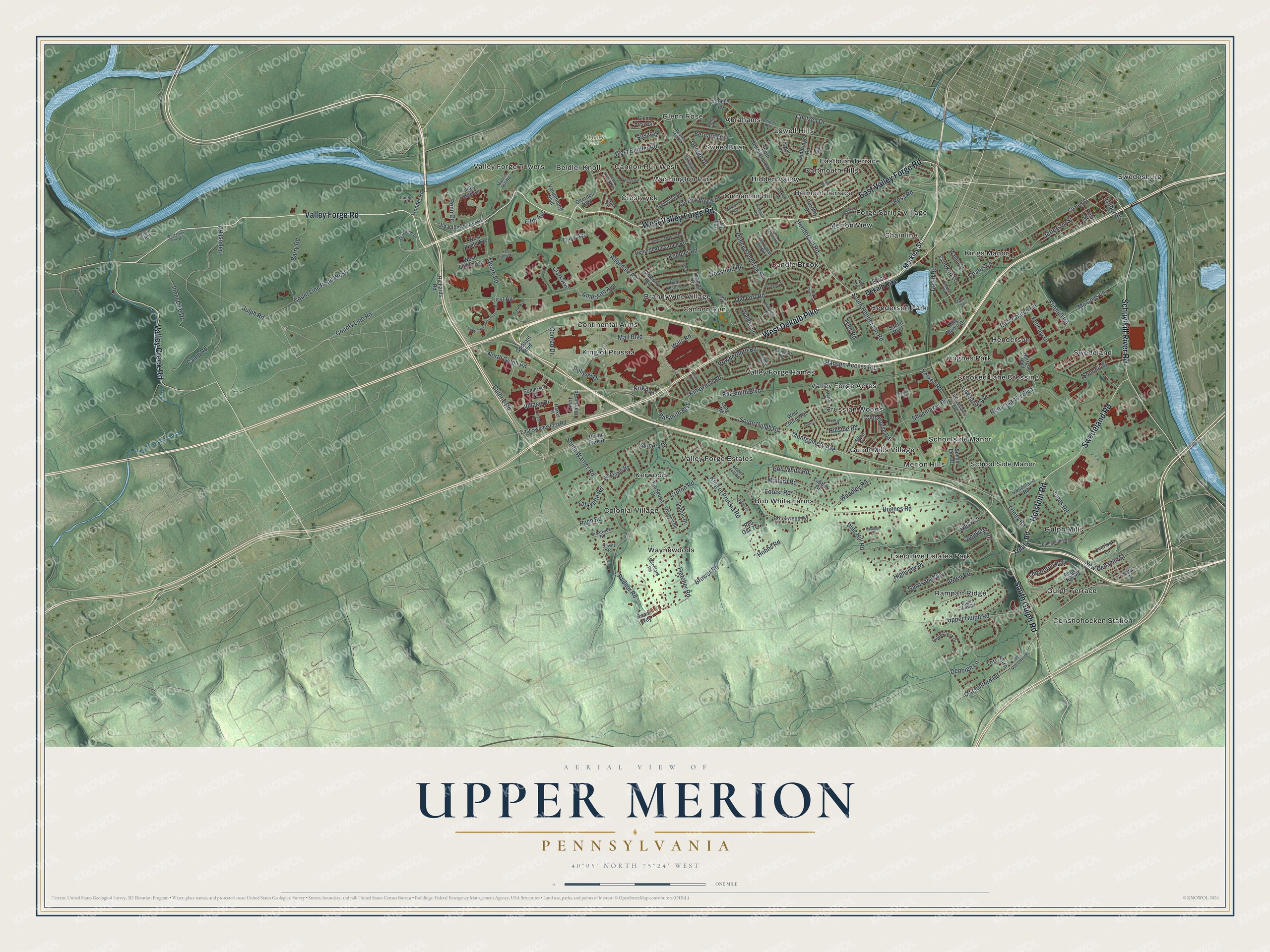 Aerial style map of Upper Merion, Pennsylvania with green hills, a blue river along the top and red buildings around King of Prussia