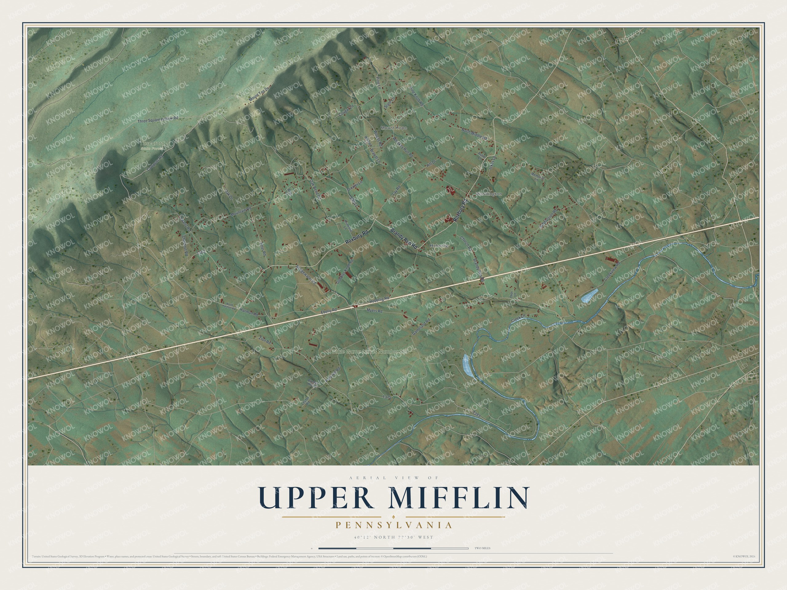 Full map of Upper Mifflin, Pennsylvania, with red buildings, printed street names and the land around them