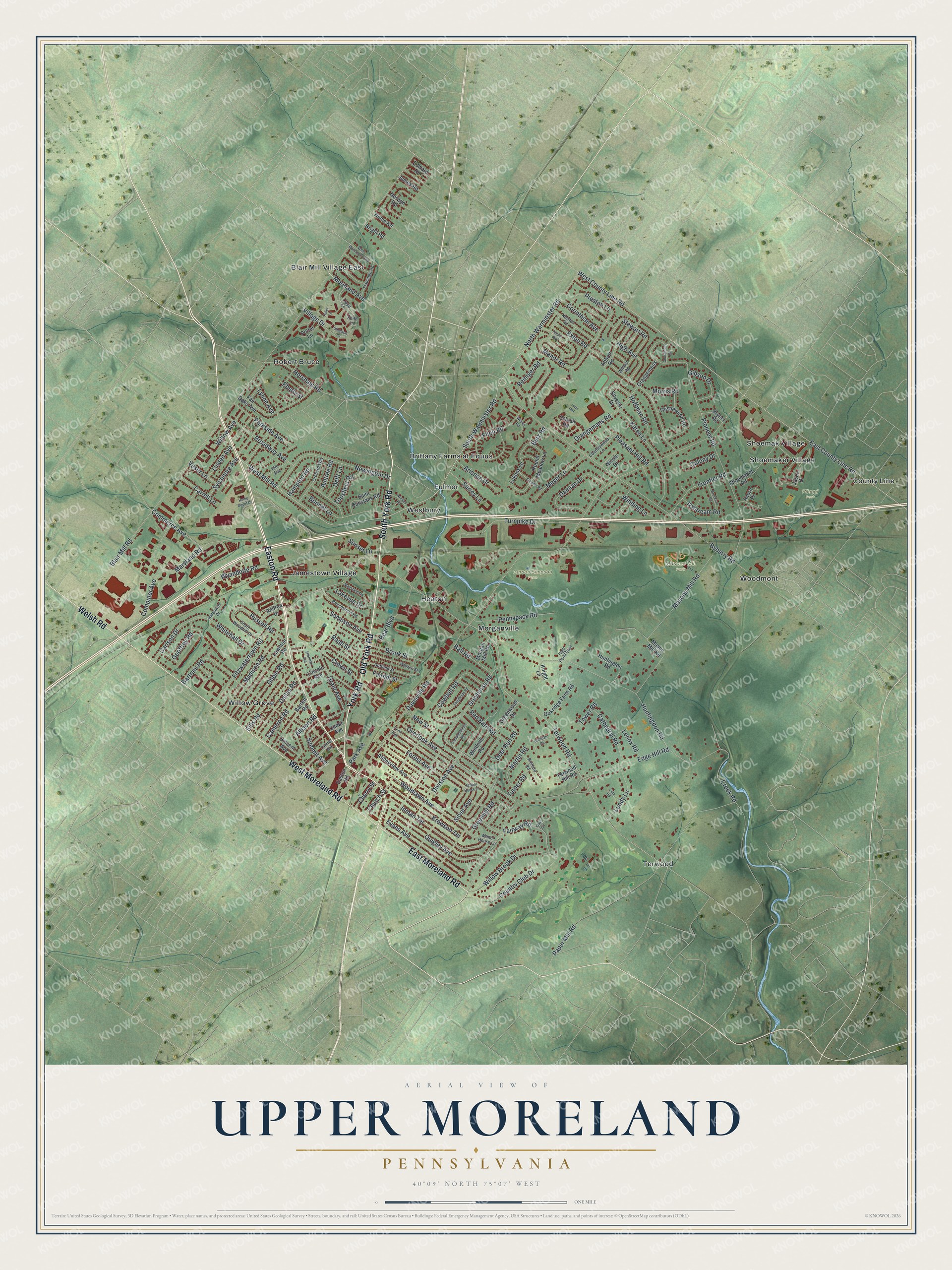 Full map of Upper Moreland, Pennsylvania, with red buildings, printed street names and the land around them