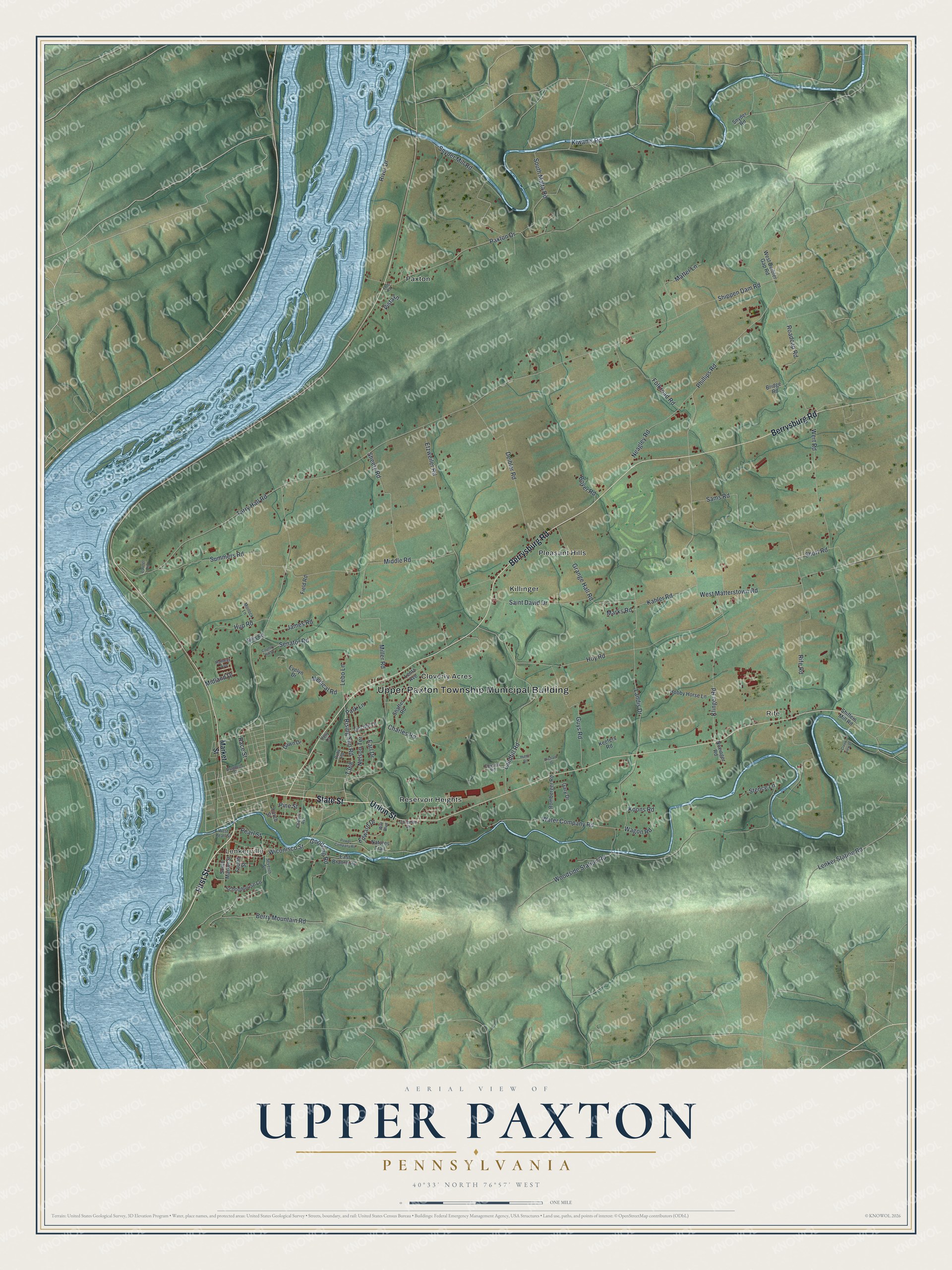 Full map of Upper Paxton, Pennsylvania, with red buildings, printed street names and the land around them