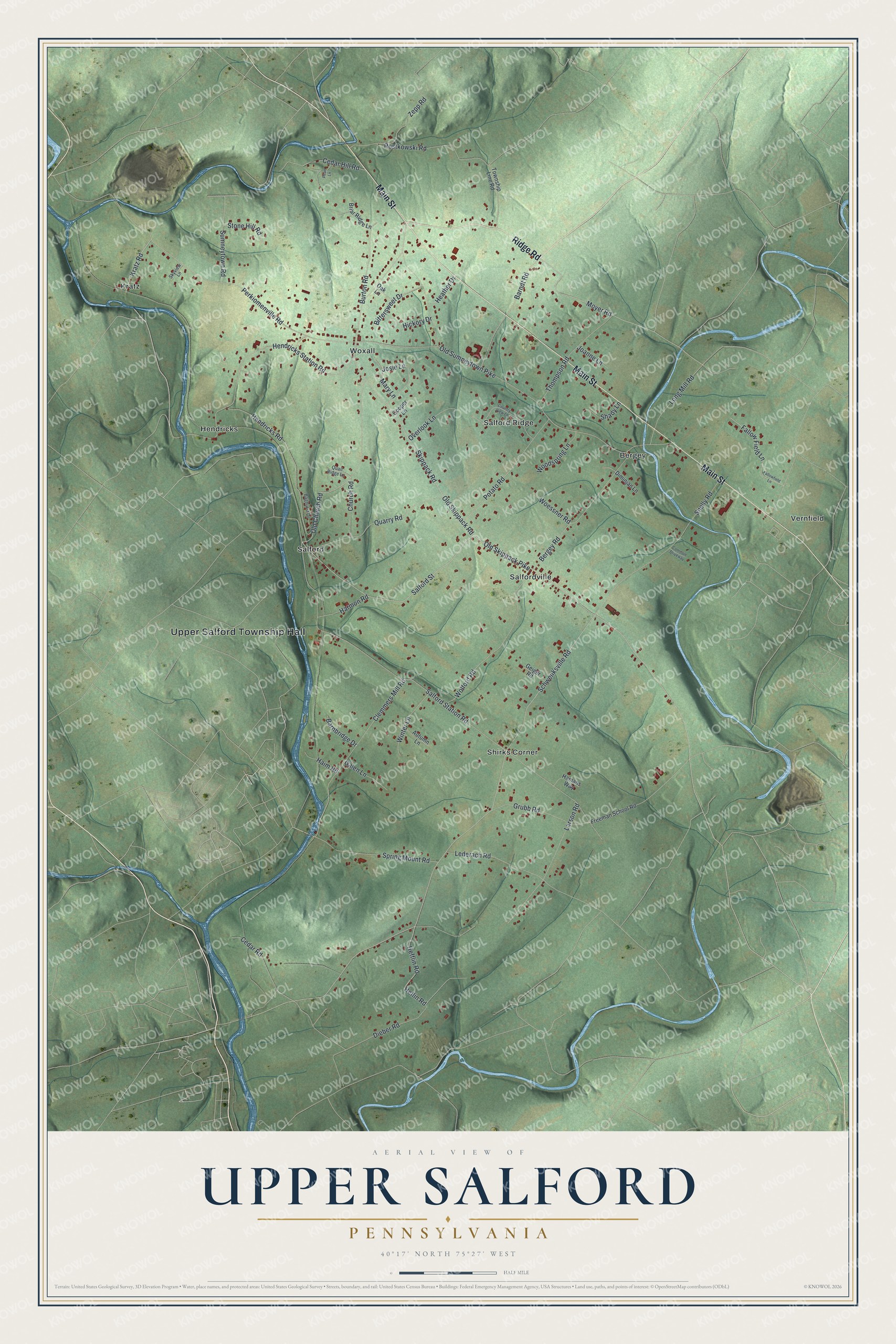 Full map of Upper Salford, Pennsylvania, with red buildings, printed street names and the land around them