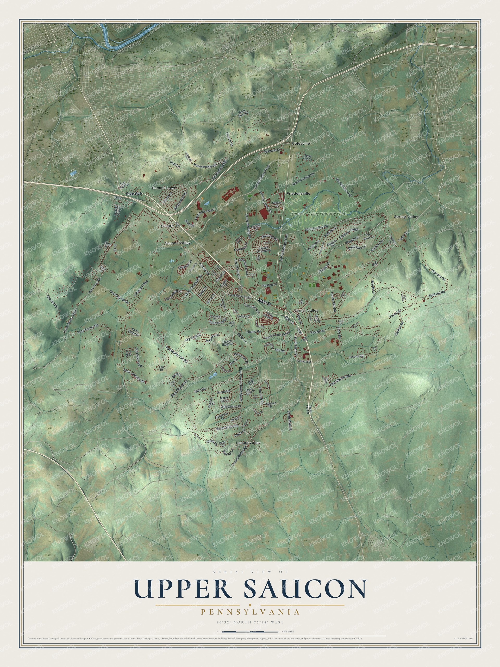 Full map of Upper Saucon, Pennsylvania, with red buildings, printed street names and the land around them