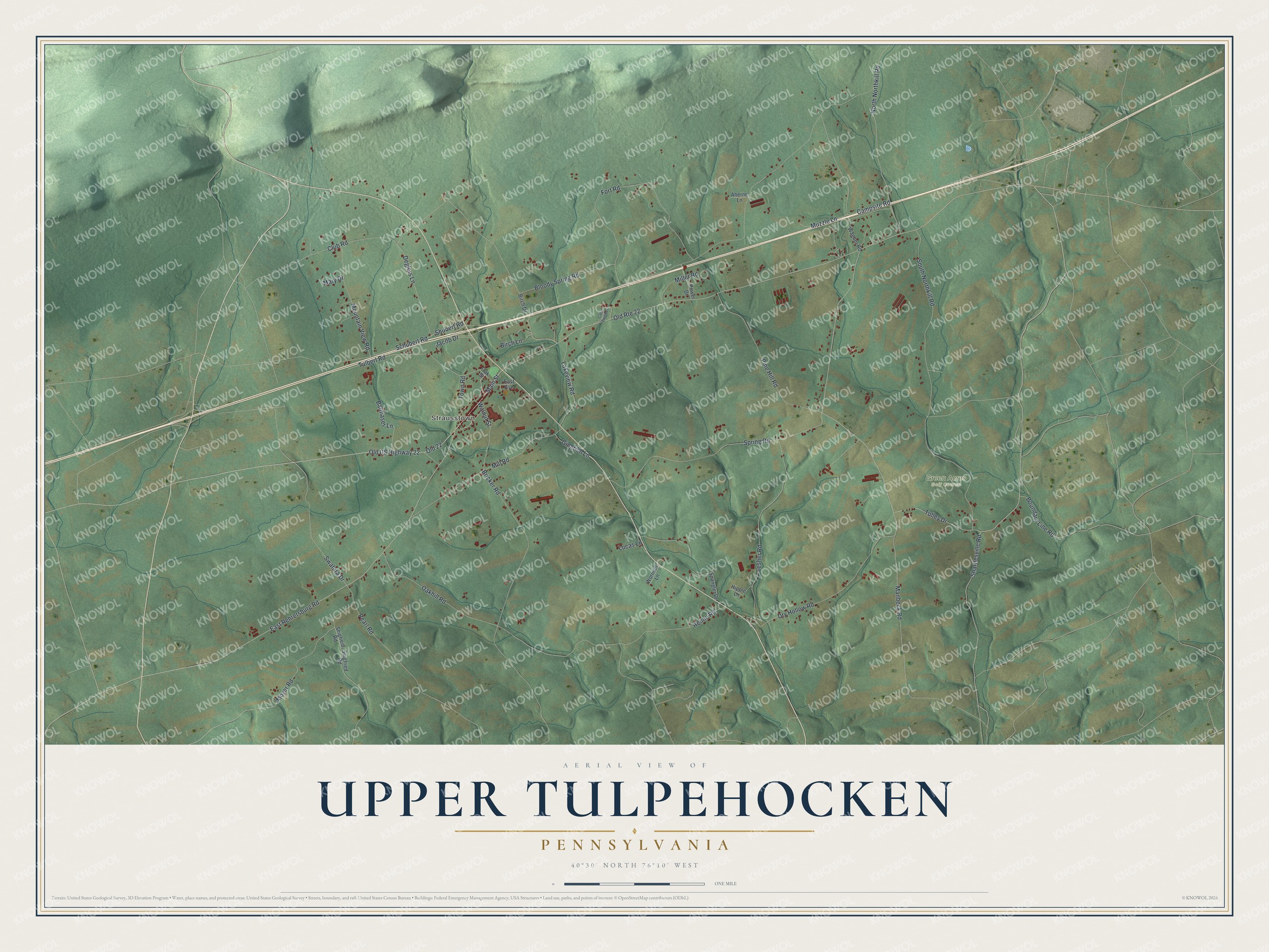 Full map of Upper Tulpehocken, Pennsylvania, with red buildings, printed street names and the land around them