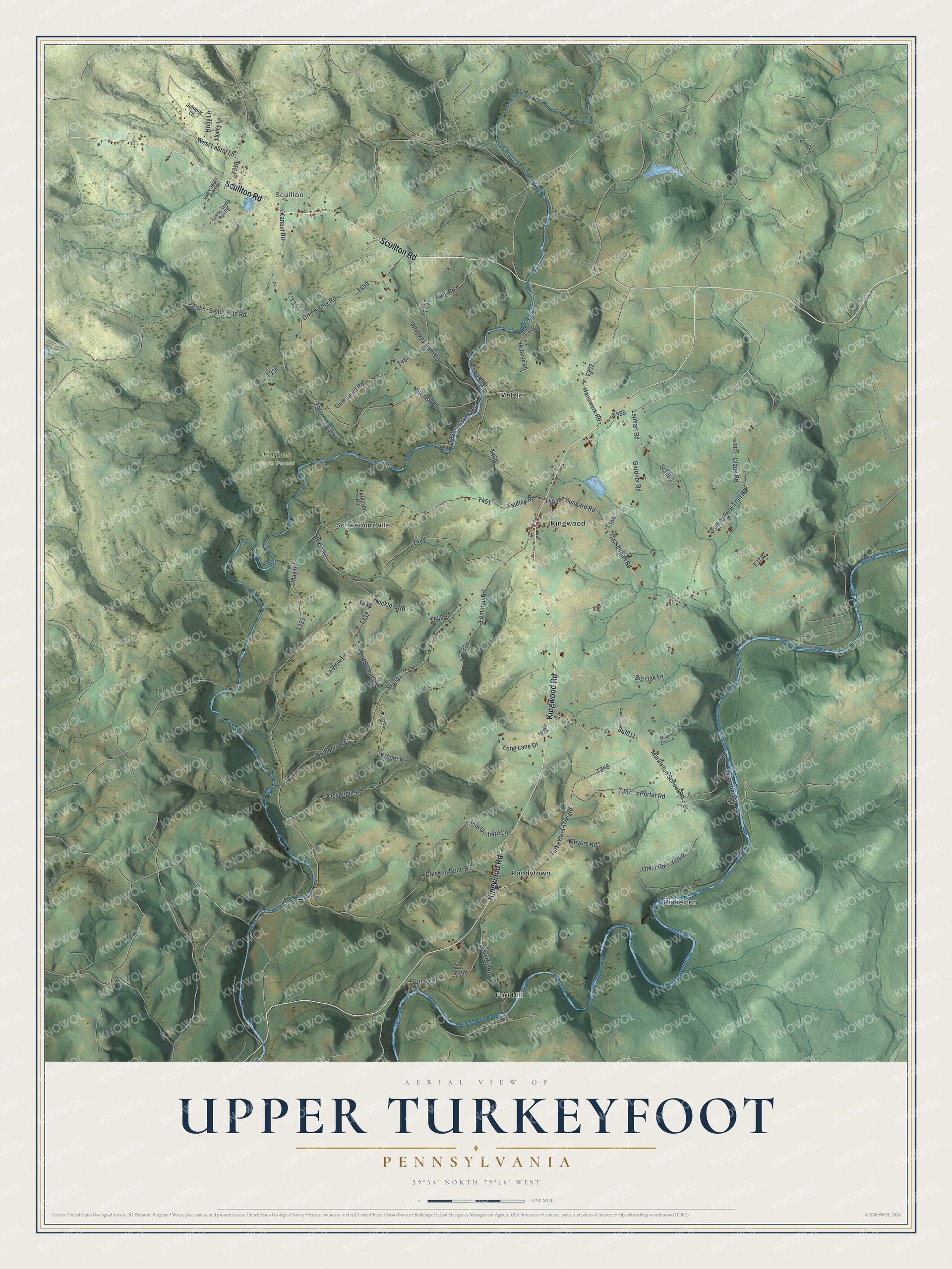 Full map of Upper Turkeyfoot, Pennsylvania, with red buildings, printed street names and the land around them