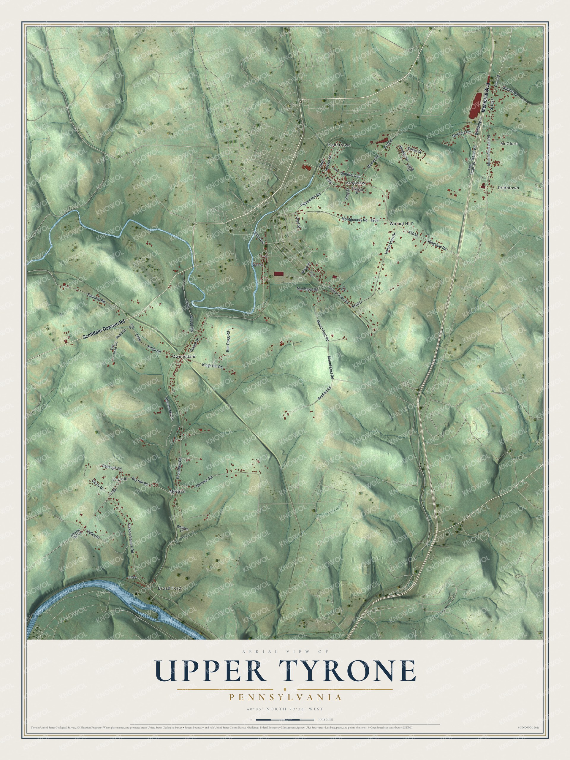 Full Upper Tyrone map with shaded green hills, blue waterways, red buildings, and a cream title panel beneath the aerial view