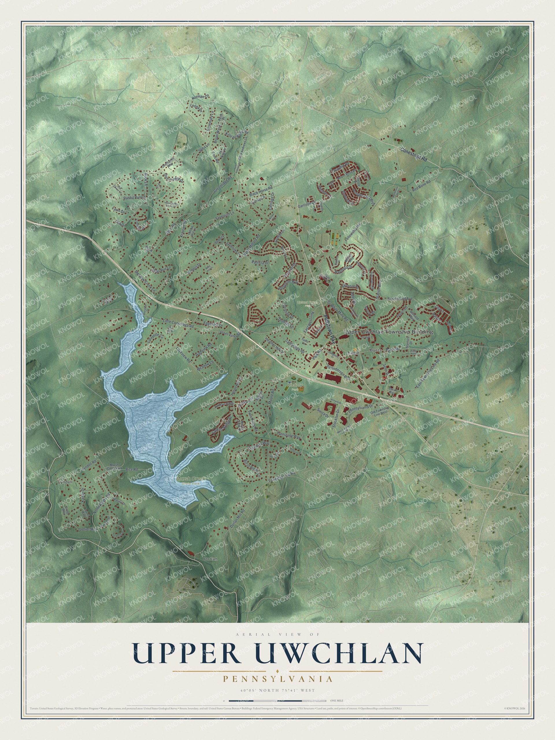 Full map of Upper Uwchlan, Pennsylvania, with red buildings, printed street names and the land around them