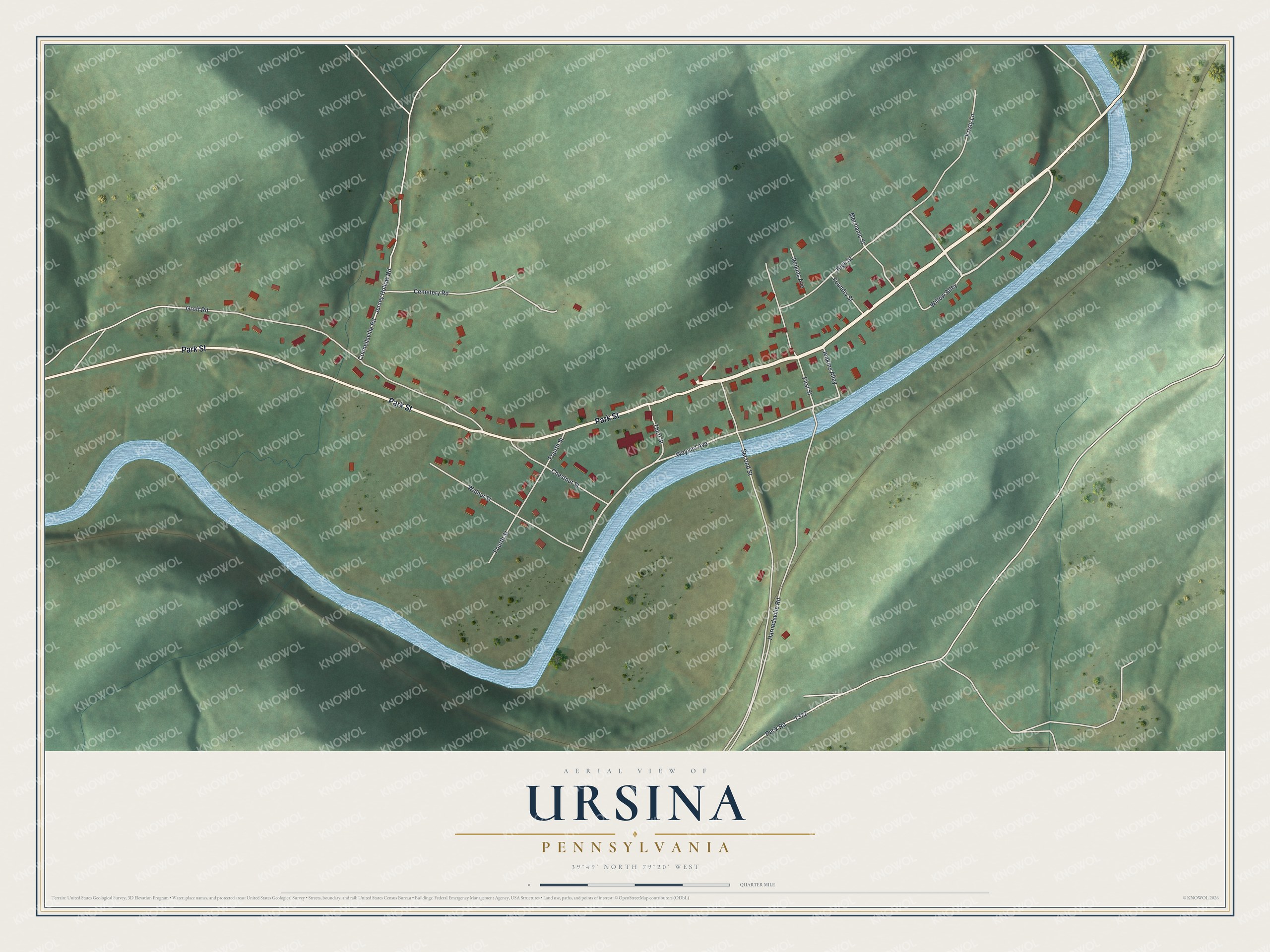 Full map of Ursina, Pennsylvania, with red buildings, printed street names and the land around them