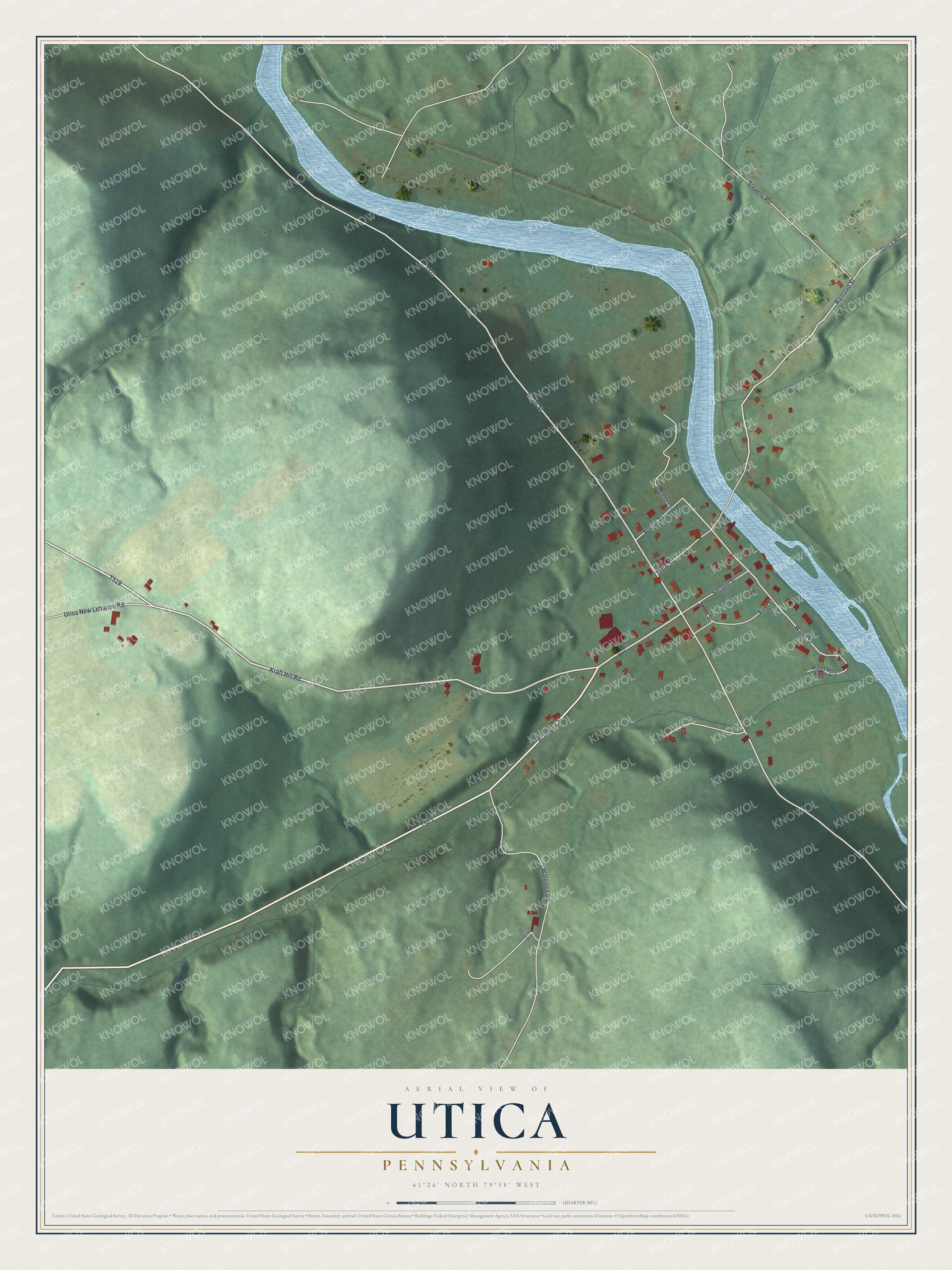 Full map of Utica, Pennsylvania, with red buildings, printed street names and the land around them