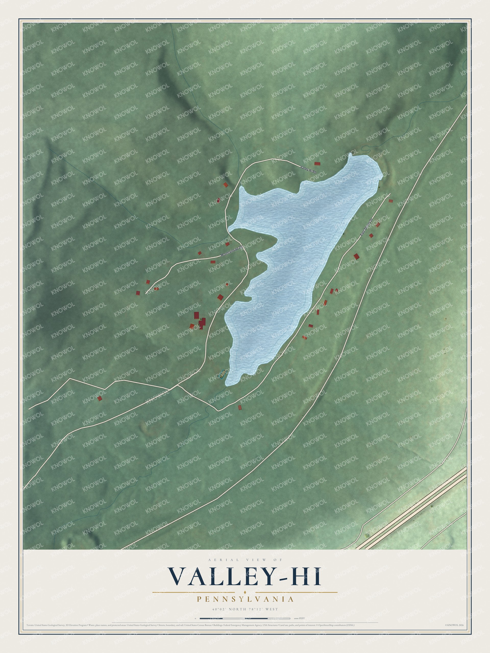 Full map of Valley-Hi, Pennsylvania, with red buildings, printed street names and the land around them