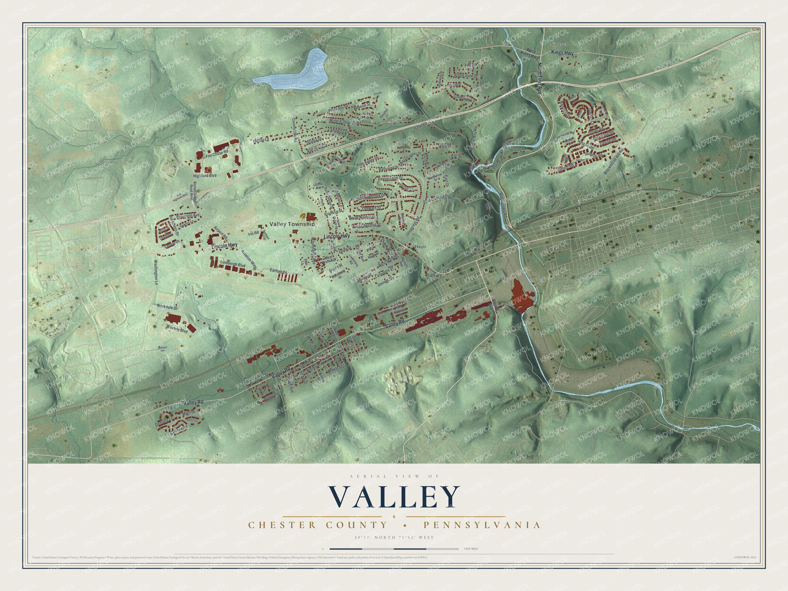 Full map of Valley, Chester County, Pennsylvania, with red buildings, printed street names and the land around them