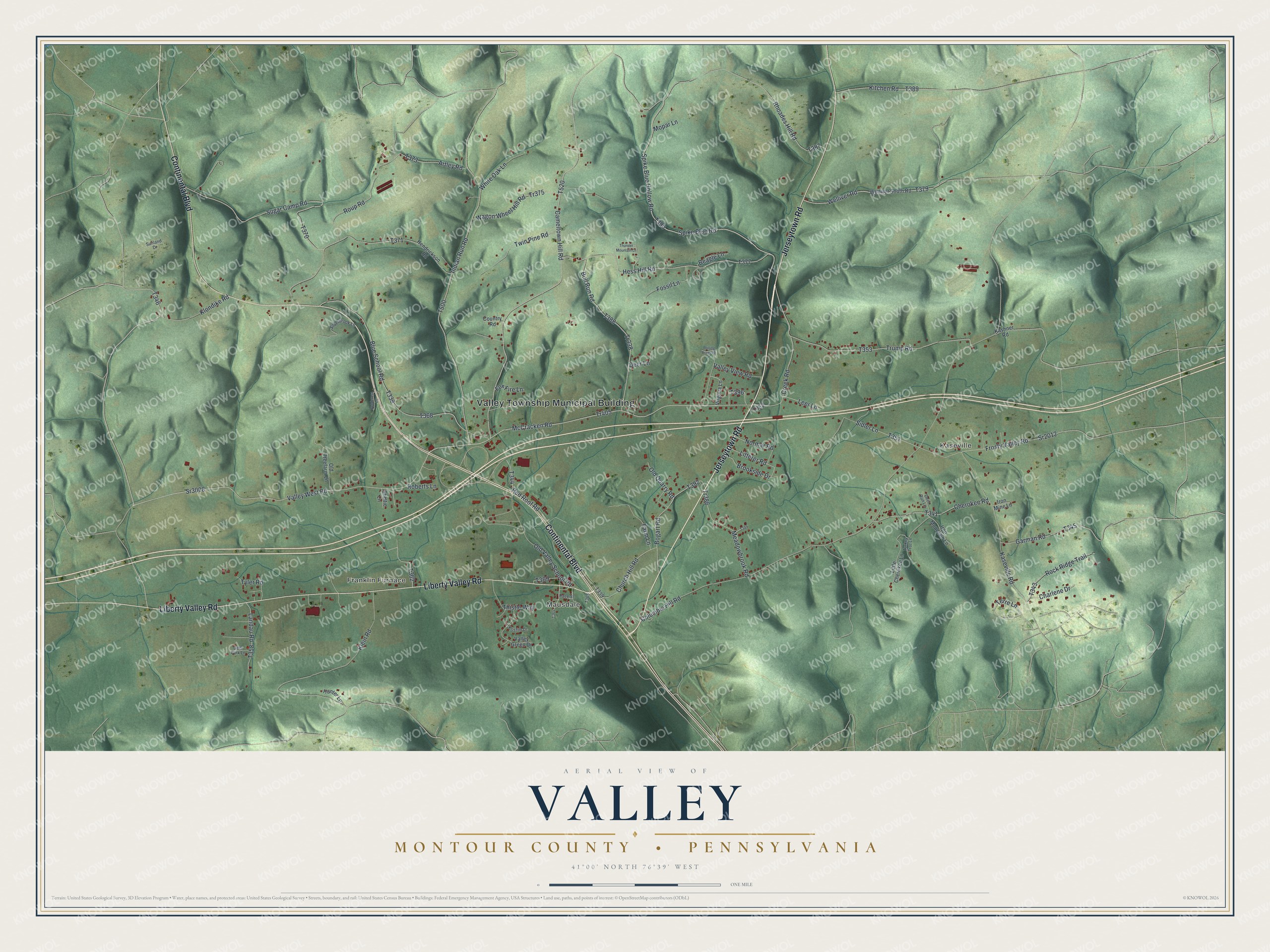 Full map of Valley, Montour County, Pennsylvania, with red buildings, printed street names and the land around them