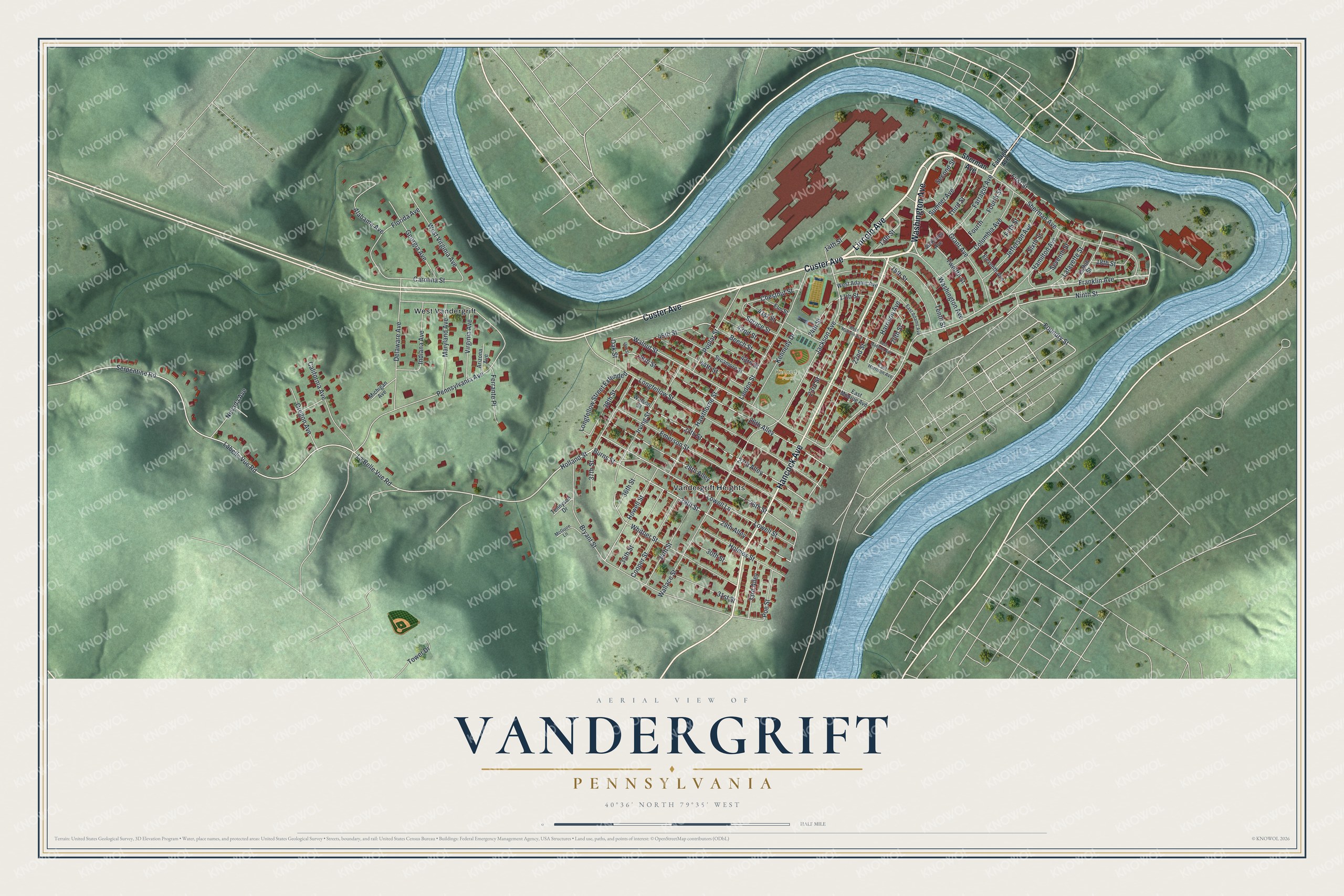 Full map of Vandergrift, Pennsylvania, with red buildings, printed street names and the land around them