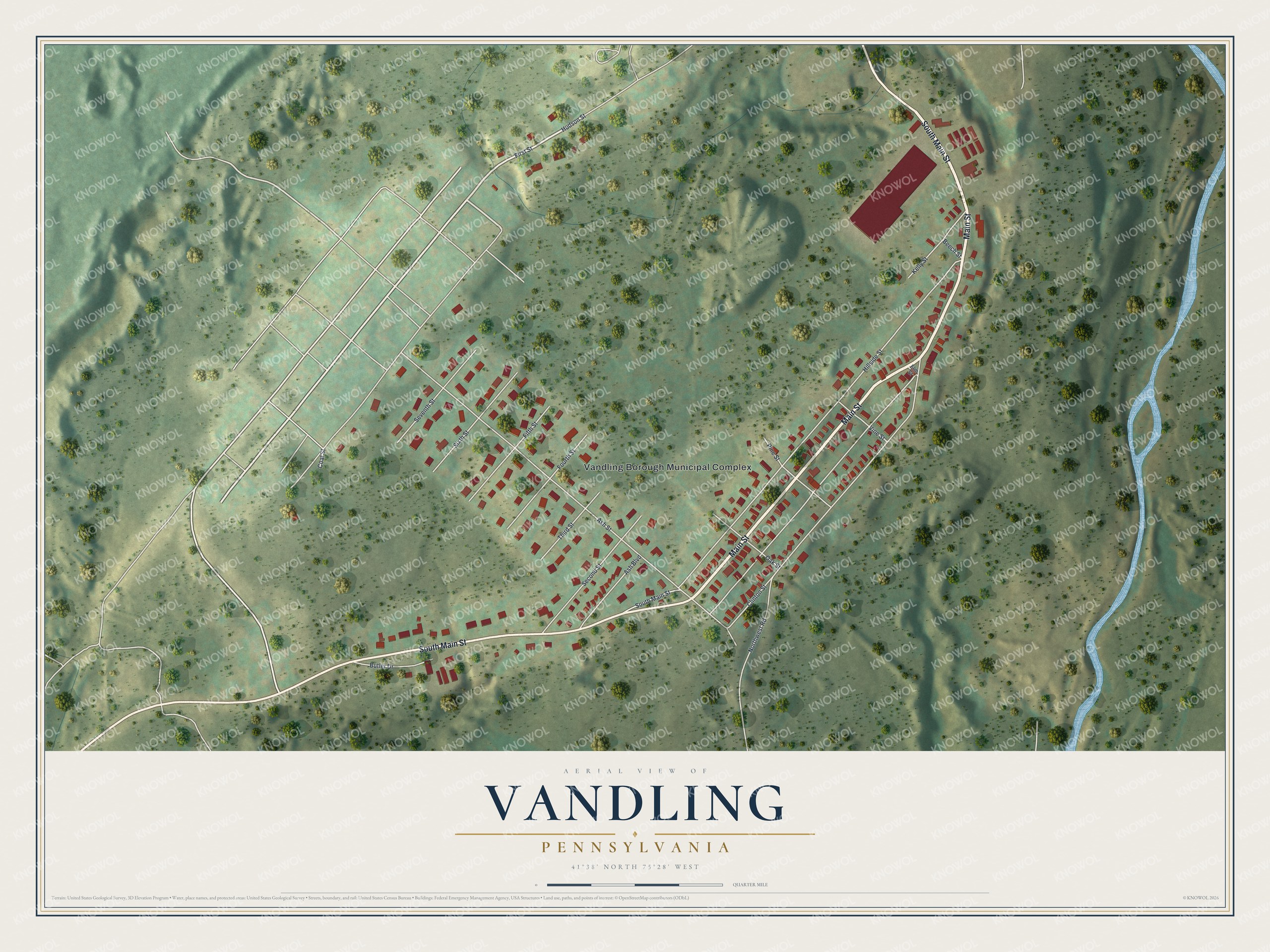 Full map of Vandling, Pennsylvania, with red buildings, printed street names and the land around them
