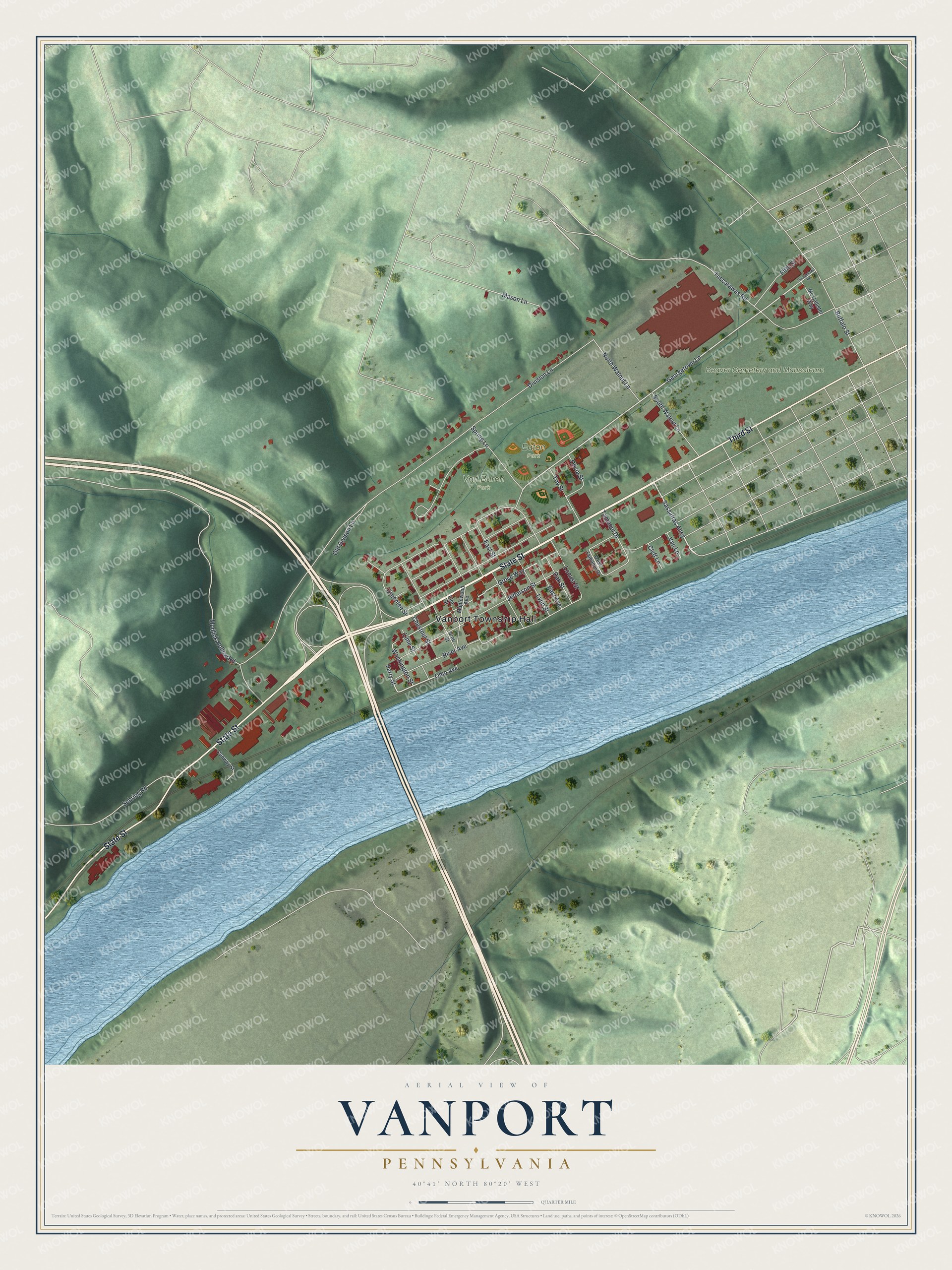 Full map of Vanport, Pennsylvania, with red buildings, printed street names and the land around them
