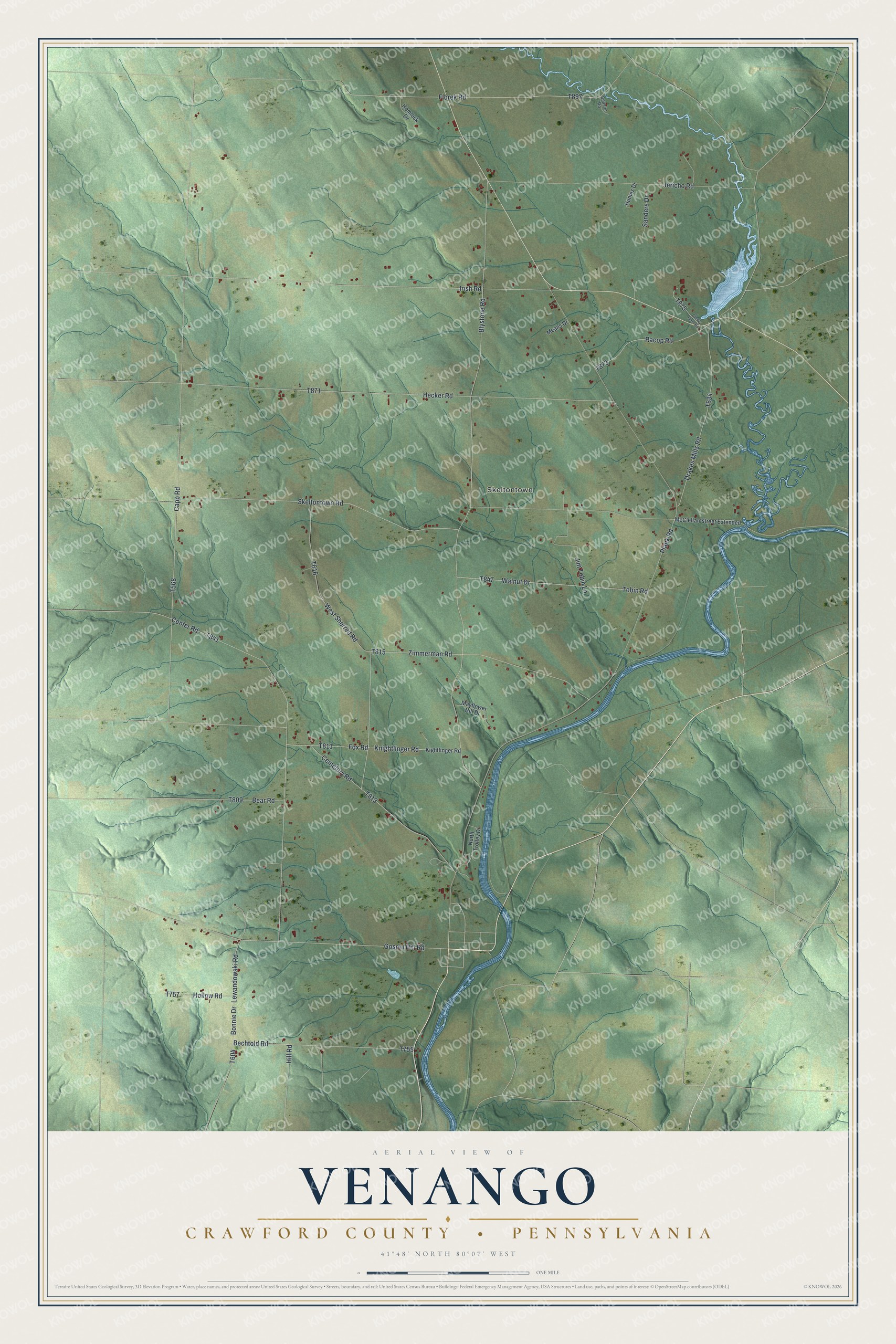 Full map of Venango Township, Crawford County, Pennsylvania, with red buildings, printed street names and the land around them