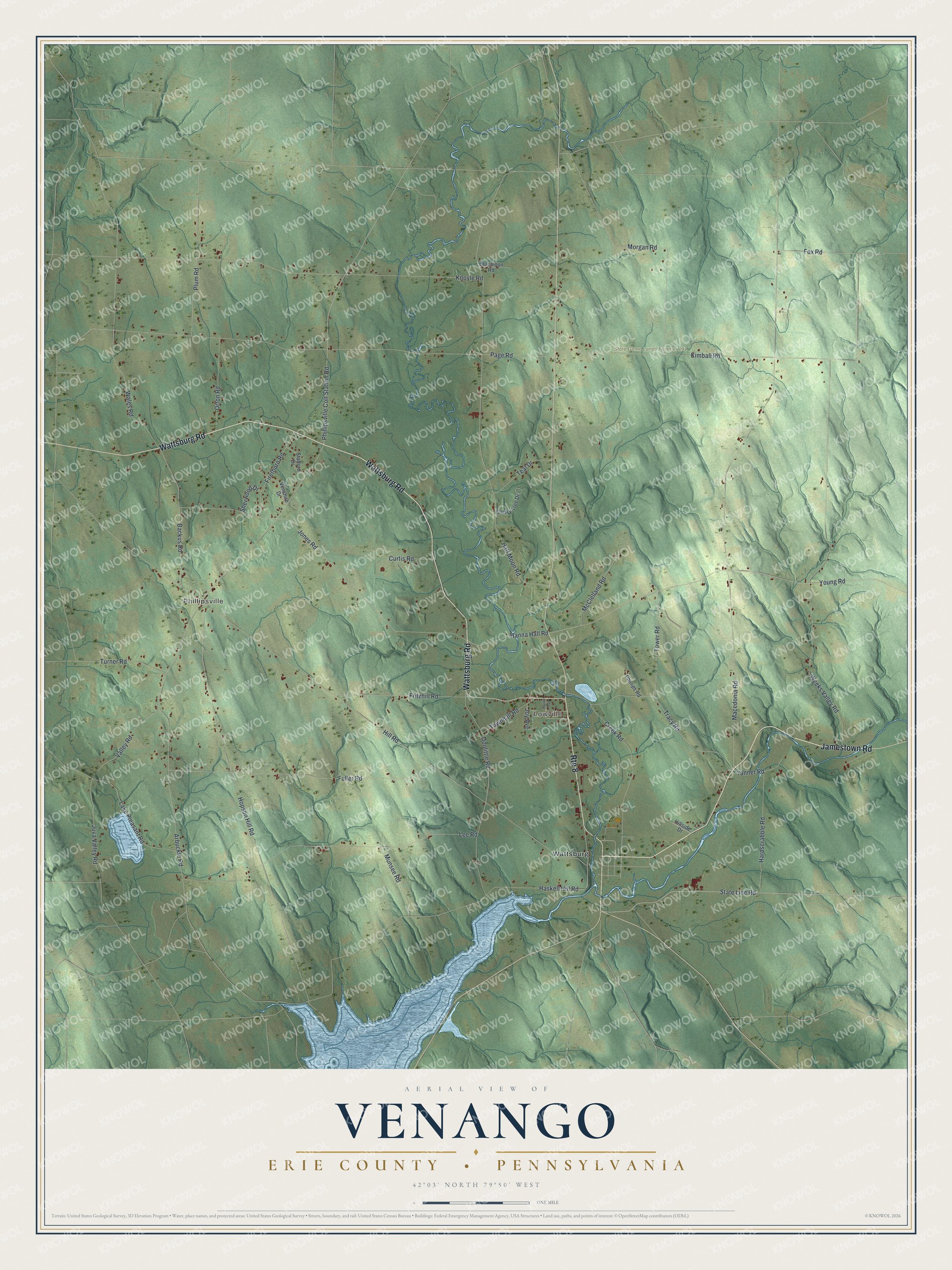 Full map of Venango, Erie County, Pennsylvania, with red buildings, printed street names and the land around them