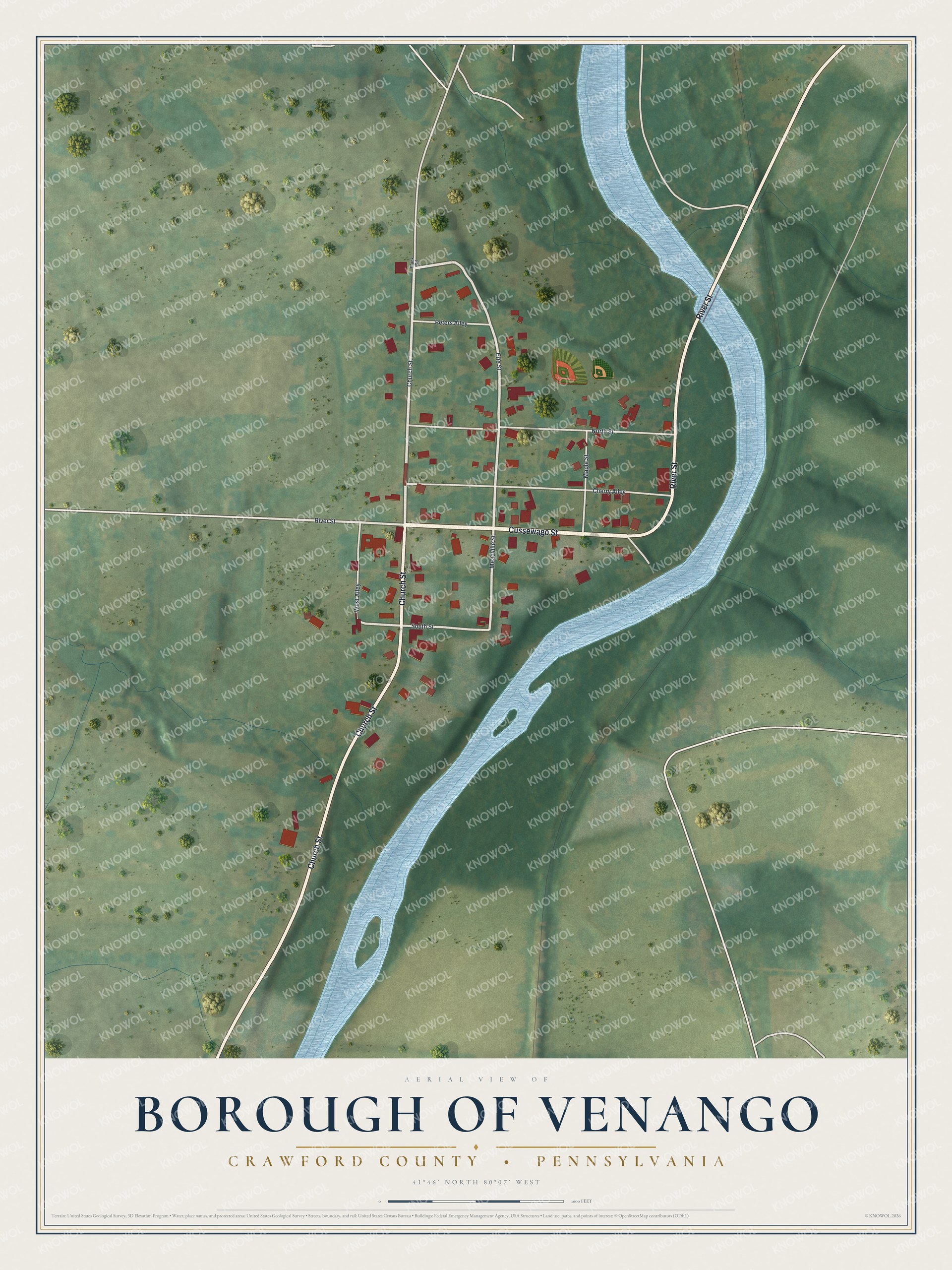 Full map of Venango Borough, Crawford County, Pennsylvania, with red buildings, printed street names and the land around them