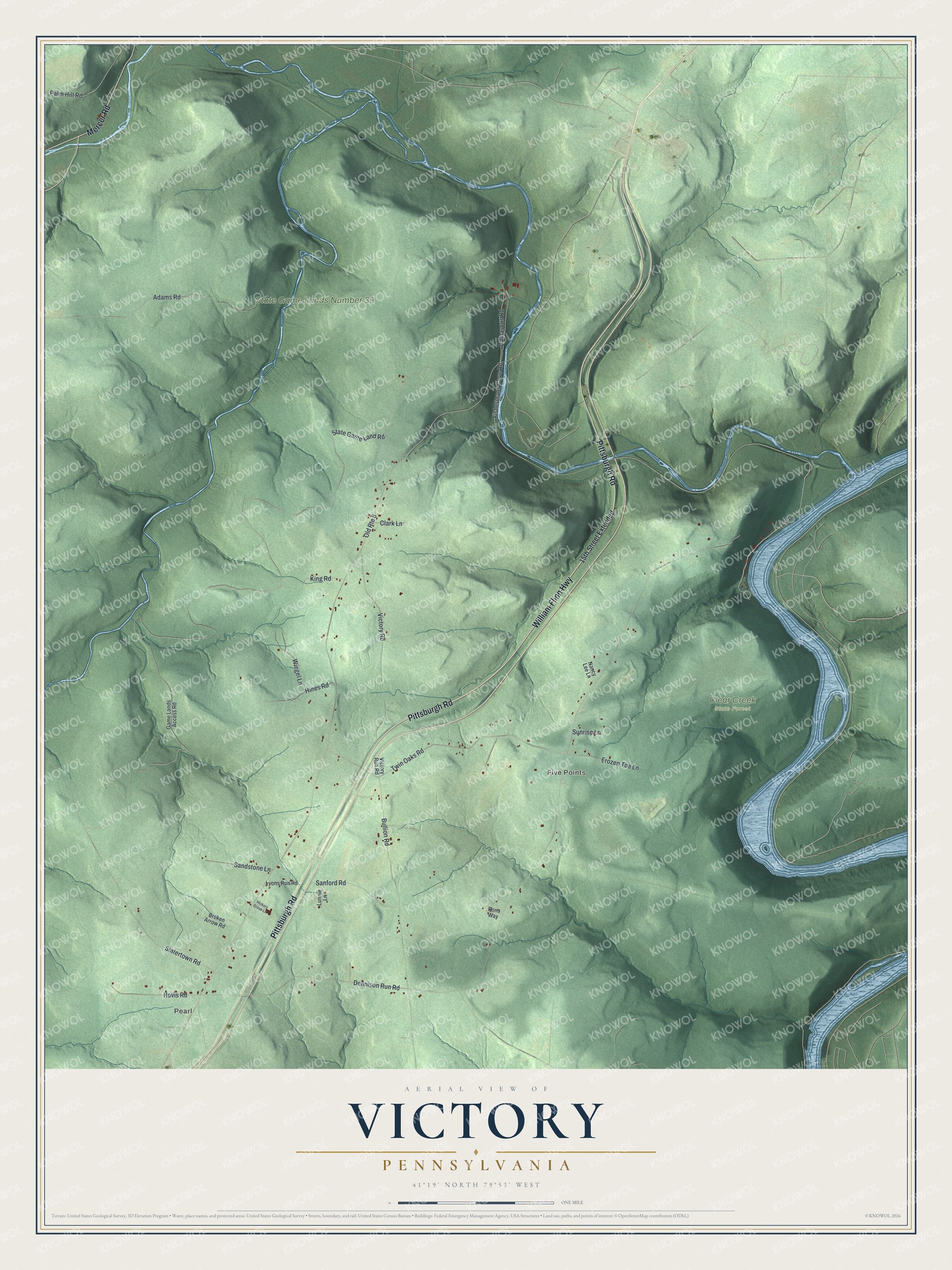 Aerial map of Victory, Pennsylvania with green hills, blue streams, red buildings, Pearl and Five Points above a cream title panel