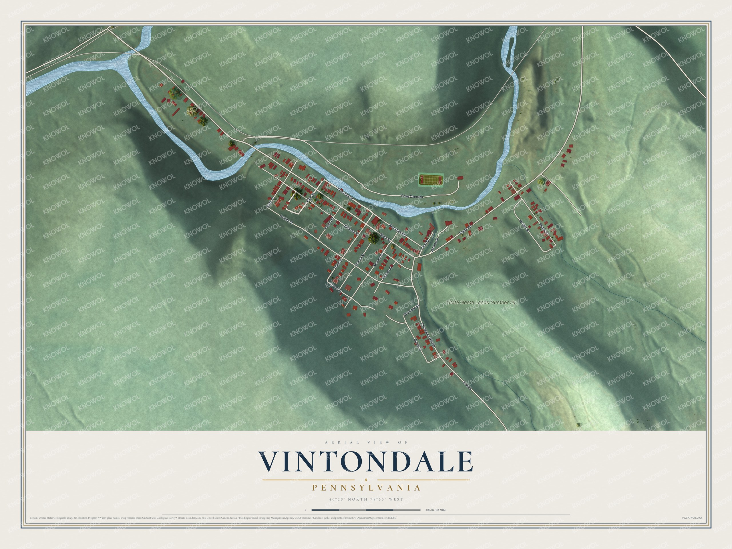 Full map of Vintondale, Pennsylvania, with red buildings, printed street names and the land around them